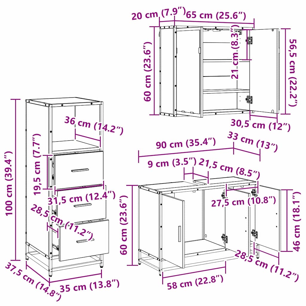 Ensemble de mobilier de salle de bain 3 pièces Chêne noir