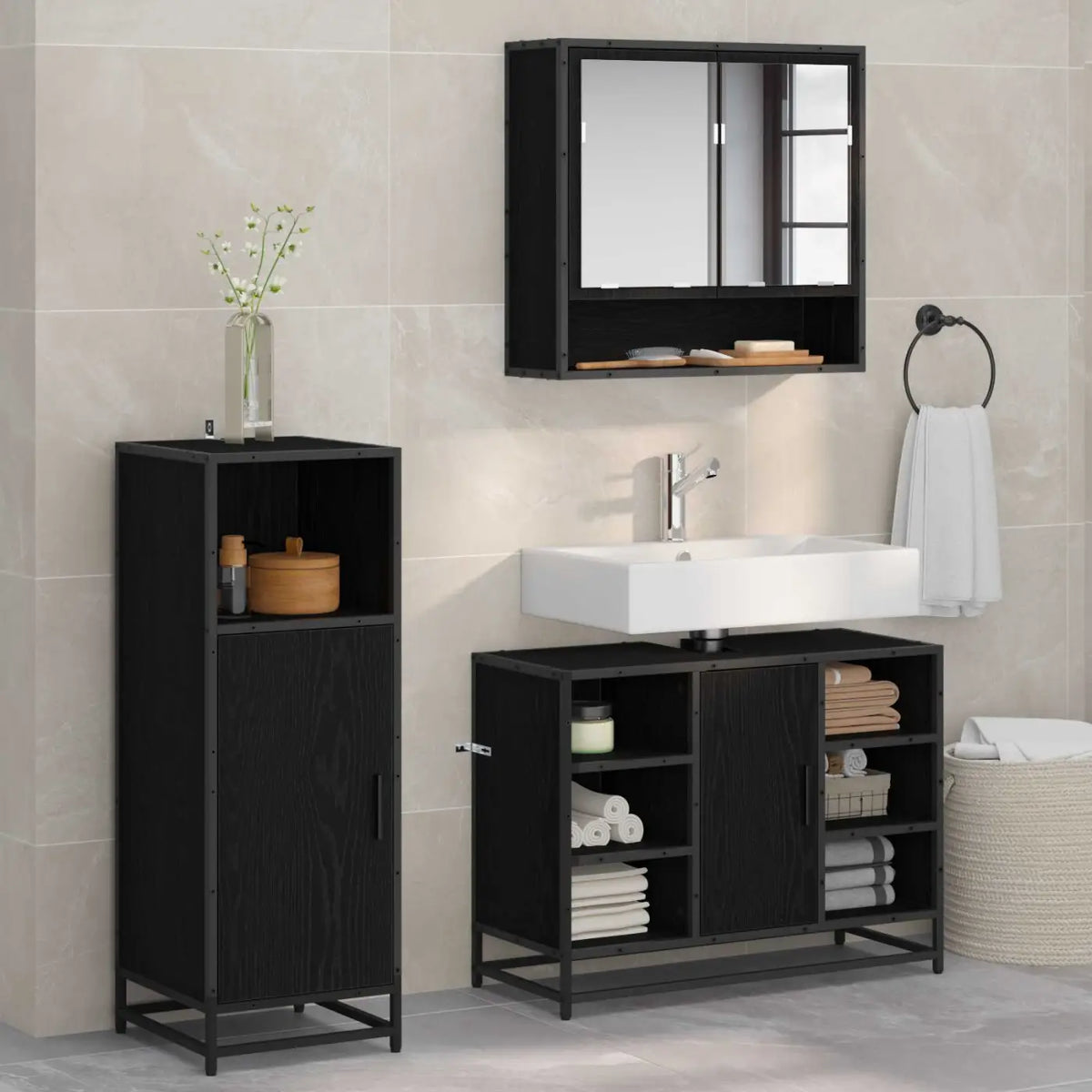 Ensemble de mobilier de salle de bain 3 pièces Chêne noir - XIOS