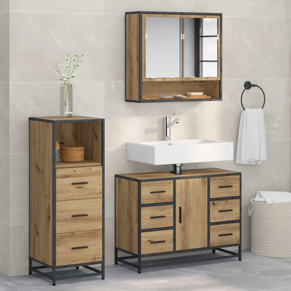 Ensemble de mobilier de salle de bain 3 pc Chêne artisanal - XIOS