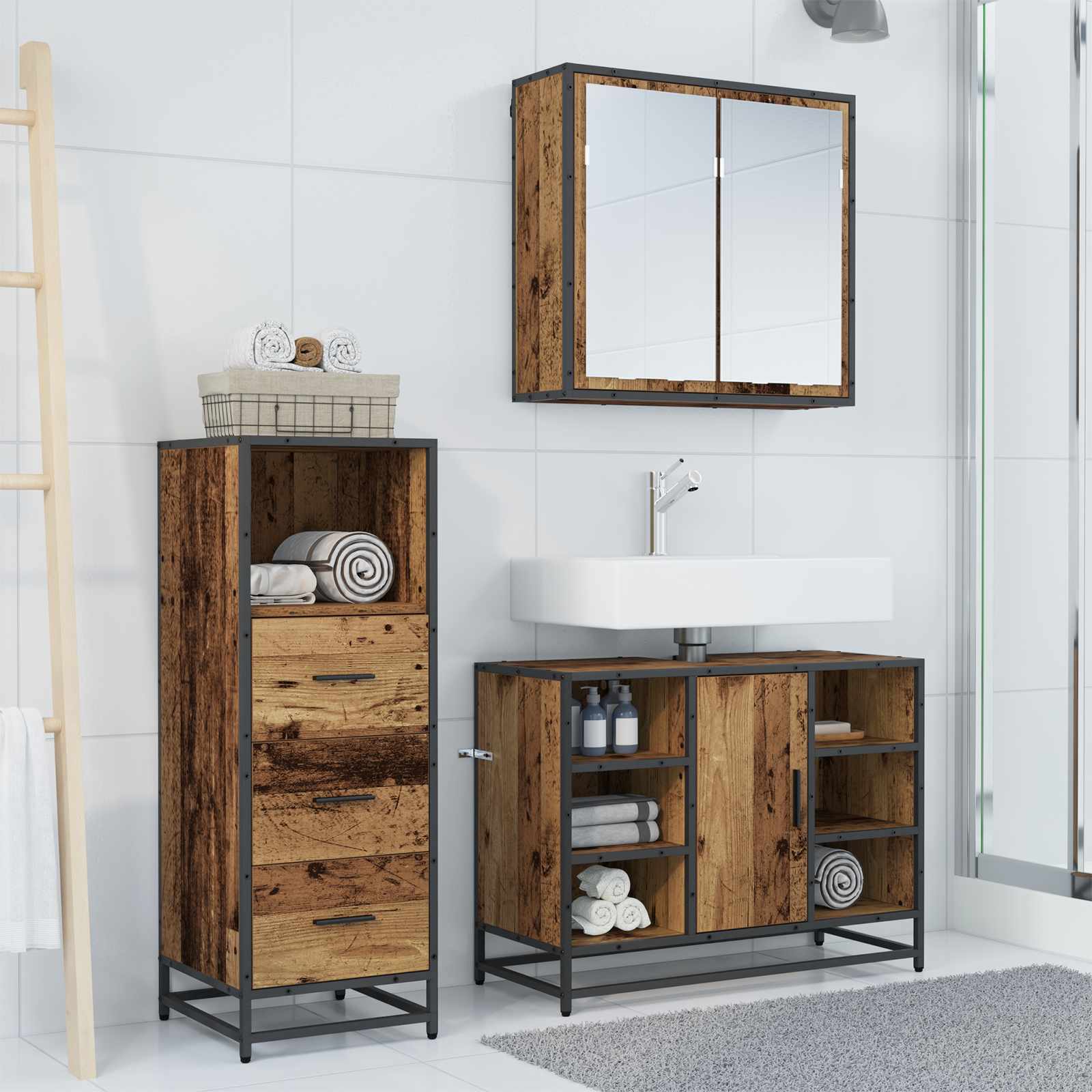 Ensemble de mobilier de salle de bain 3 pc Bois Ancien