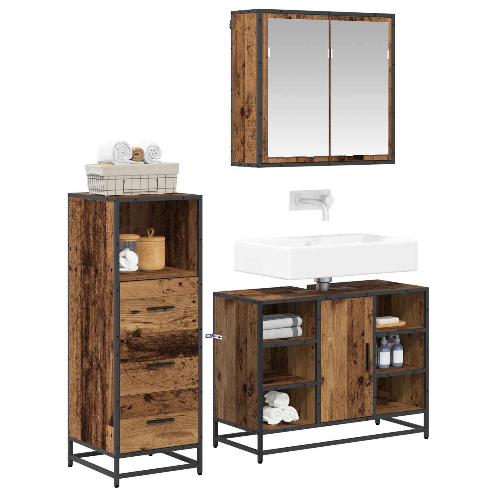 Ensemble de mobilier de salle de bain 3 pc Bois Ancien