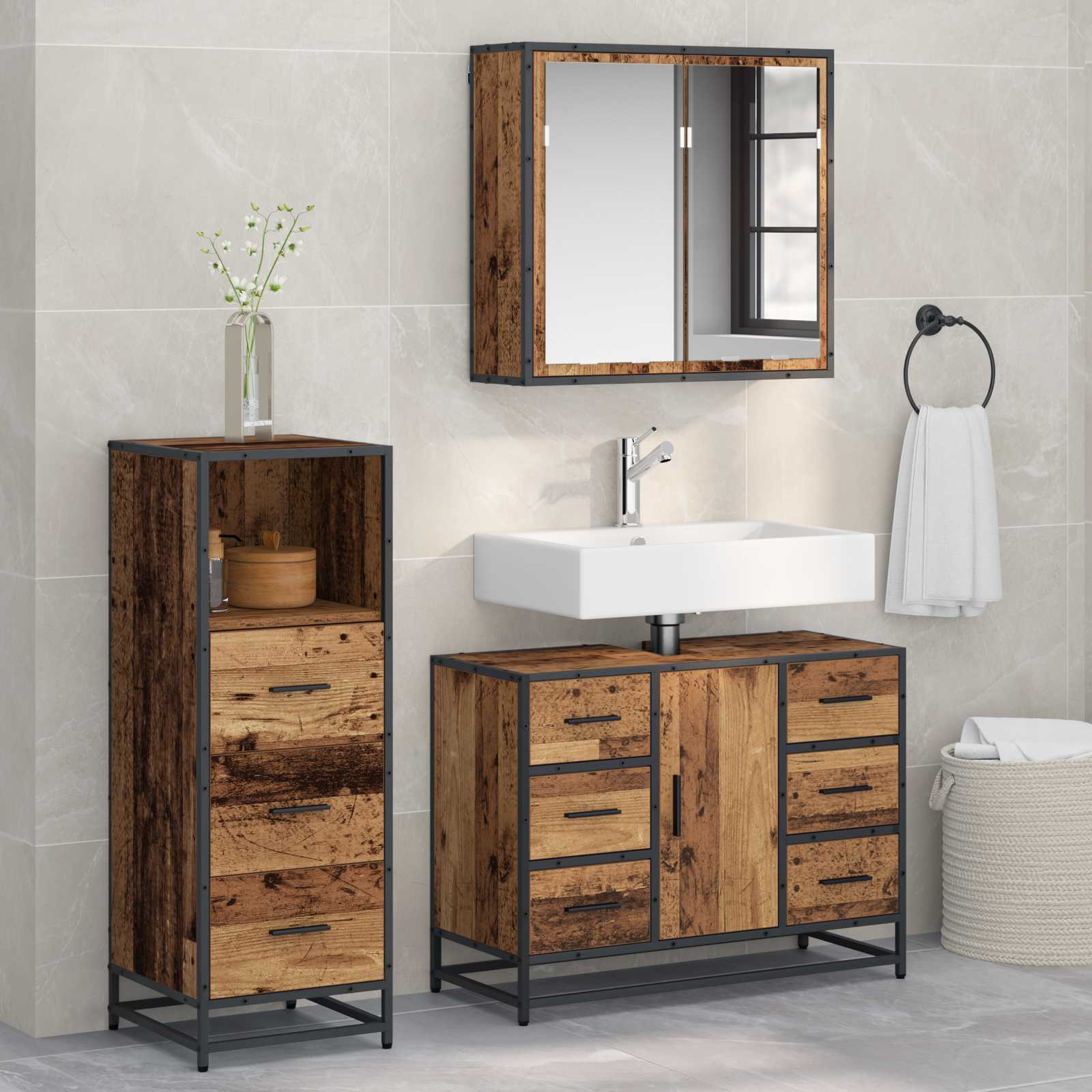 Ensemble de mobilier de salle de bain 3 pc Bois Ancien