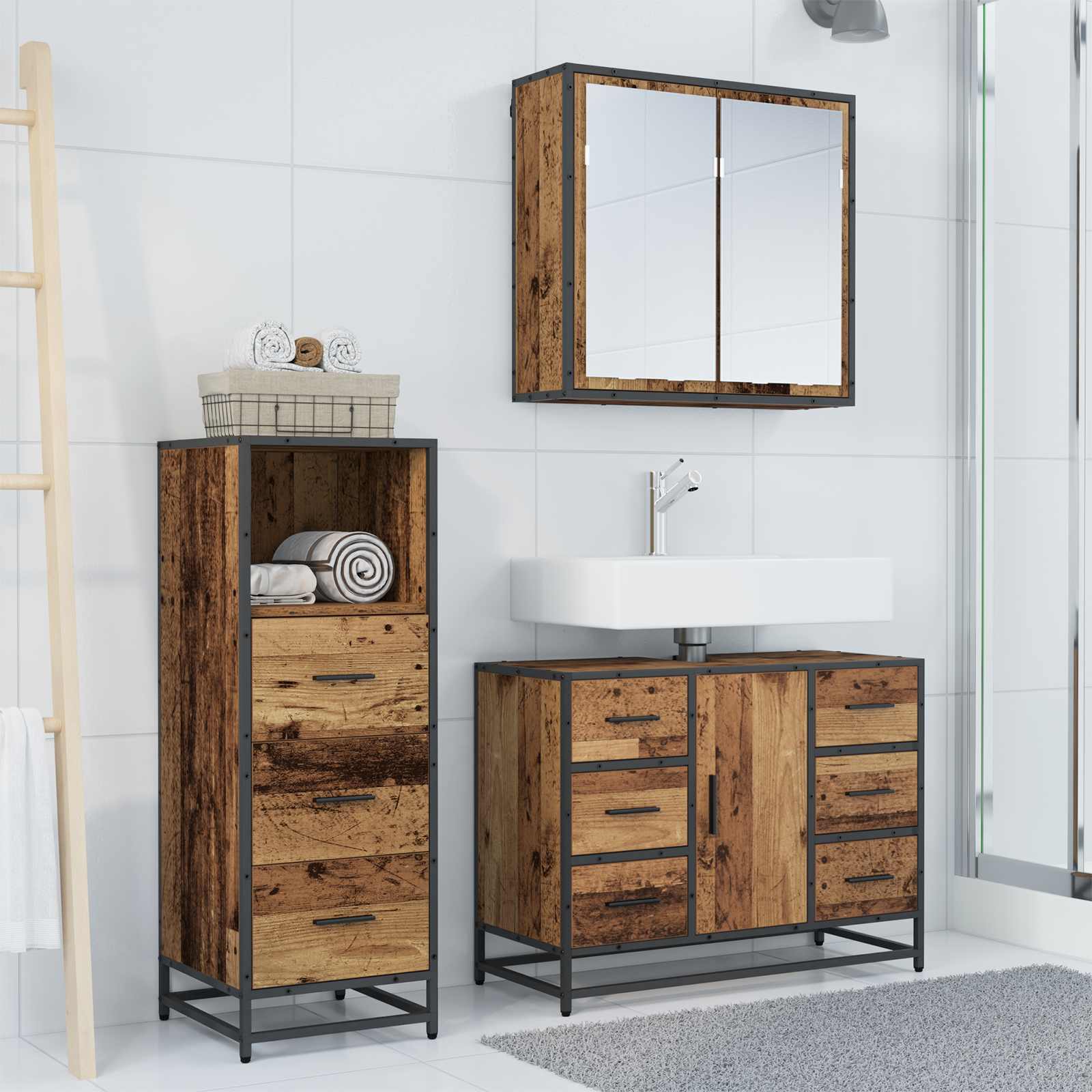 Ensemble de mobilier de salle de bain 3 pc Bois Ancien