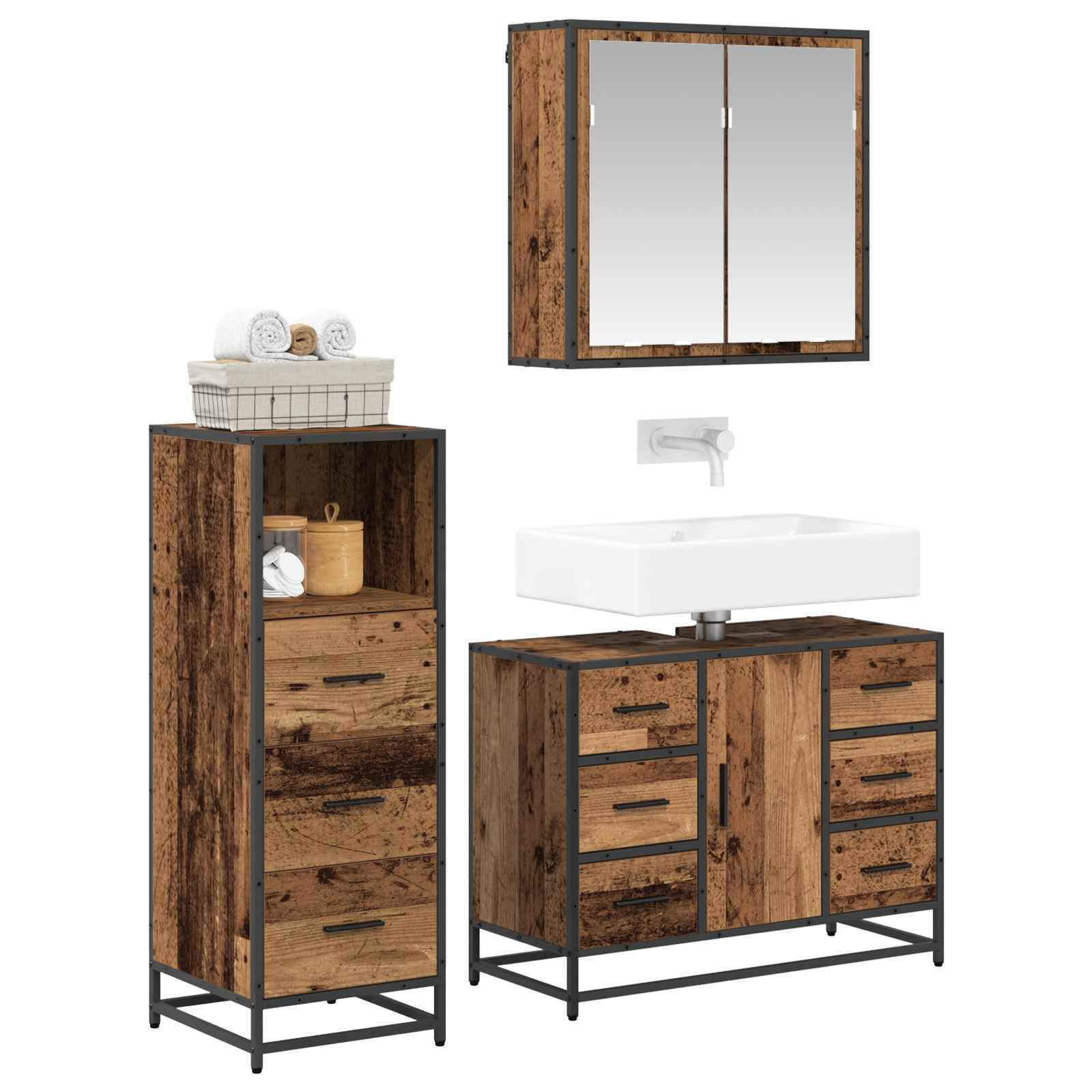 Ensemble de mobilier de salle de bain 3 pc Bois Ancien
