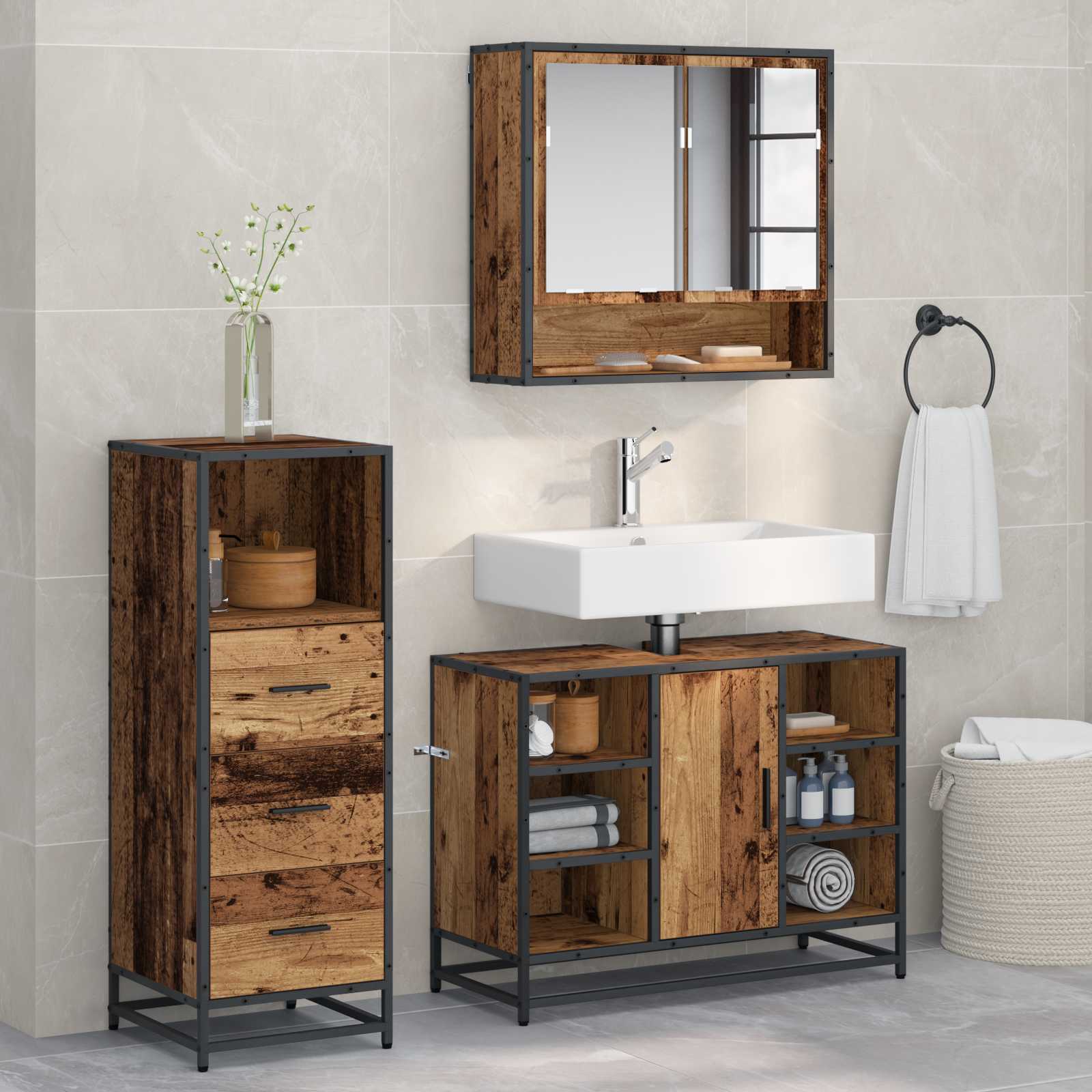 Ensemble de mobilier de salle de bain 3 pièces Bois Ancien