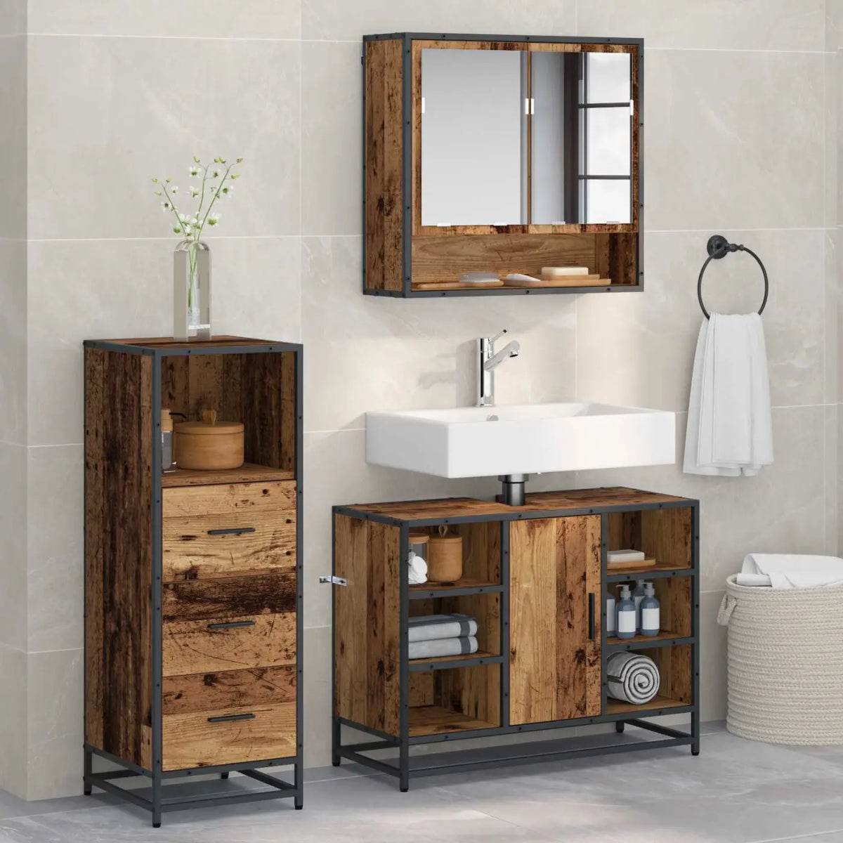 Ensemble de mobilier de salle de bain 3 pièces Bois Ancien - XIOS