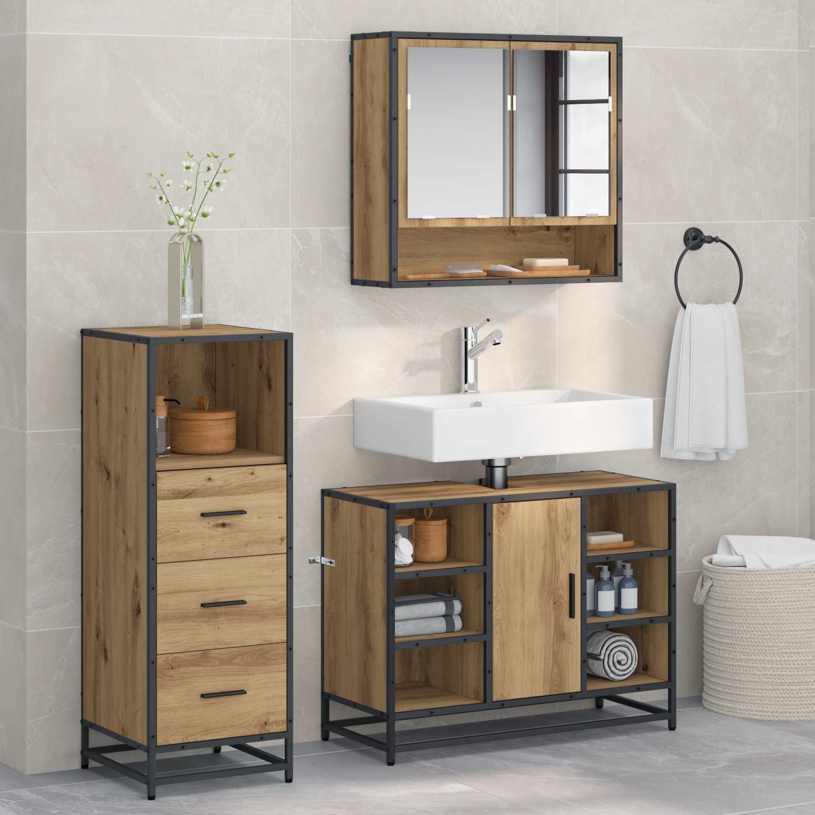 Ensemble de mobilier de salle de bain 3 pc Chêne artisanal