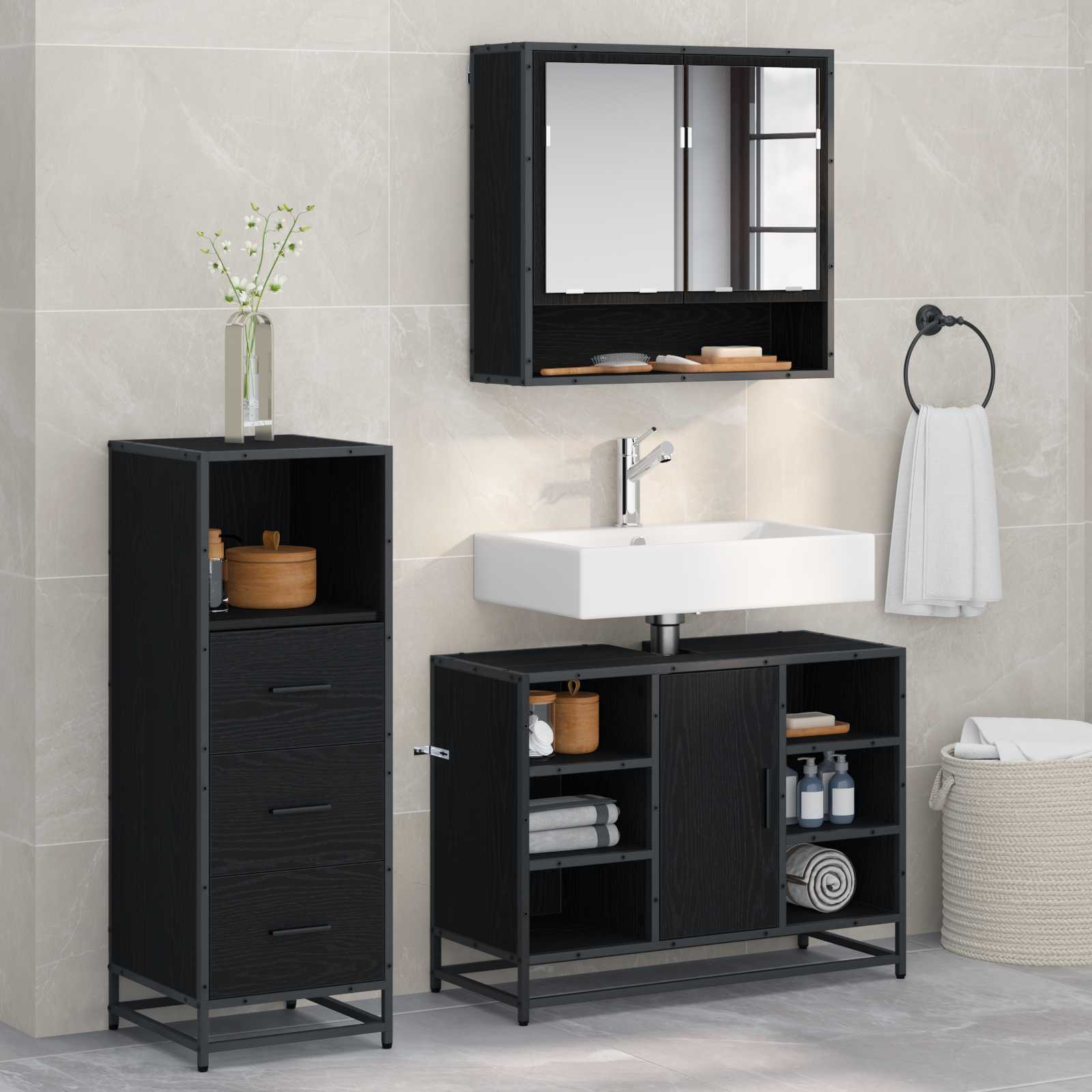 Ensemble de mobilier de salle de bain 3 pièces Chêne noir