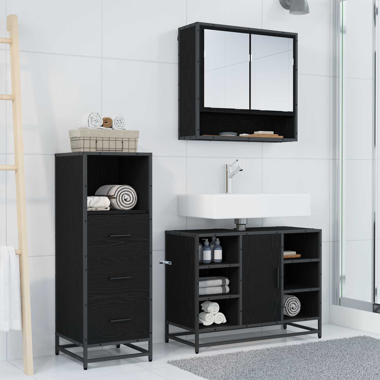 Ensemble de mobilier de salle de bain 3 pièces Chêne noir