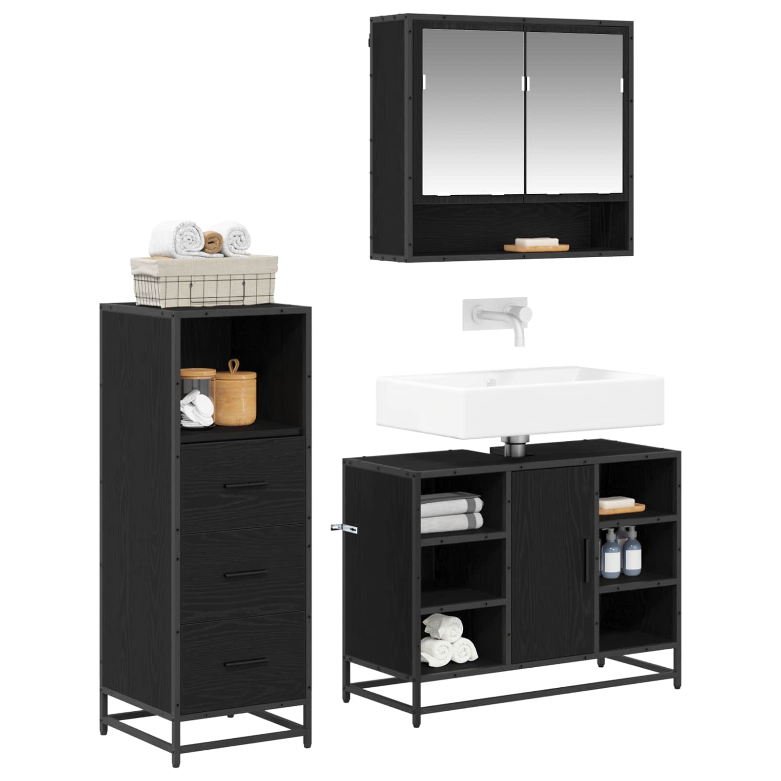 Ensemble de mobilier de salle de bain 3 pièces Chêne noir