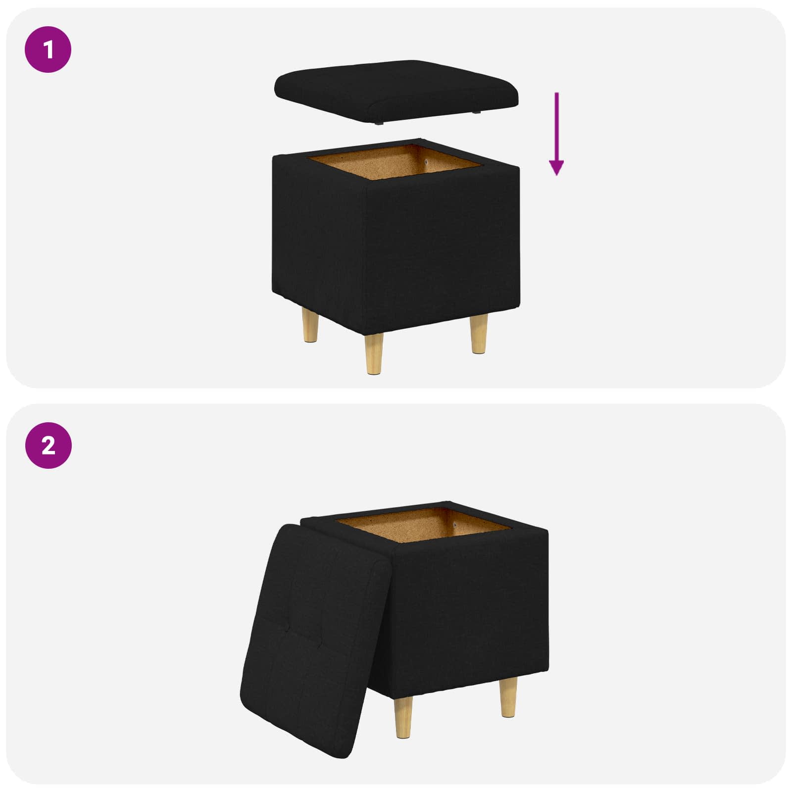 Pouf de rangement avec coussin Noir 40 x 40 x 45 cm tissu - XIOS