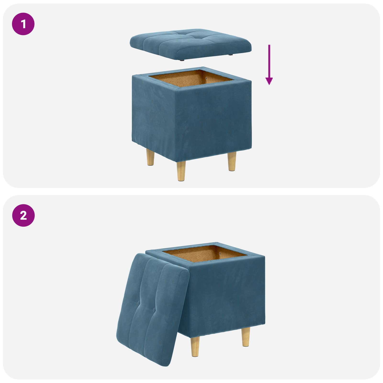 Pouf de rangement avec coussin Bleu 40 x 40 x 45 cm Velours - XIOS