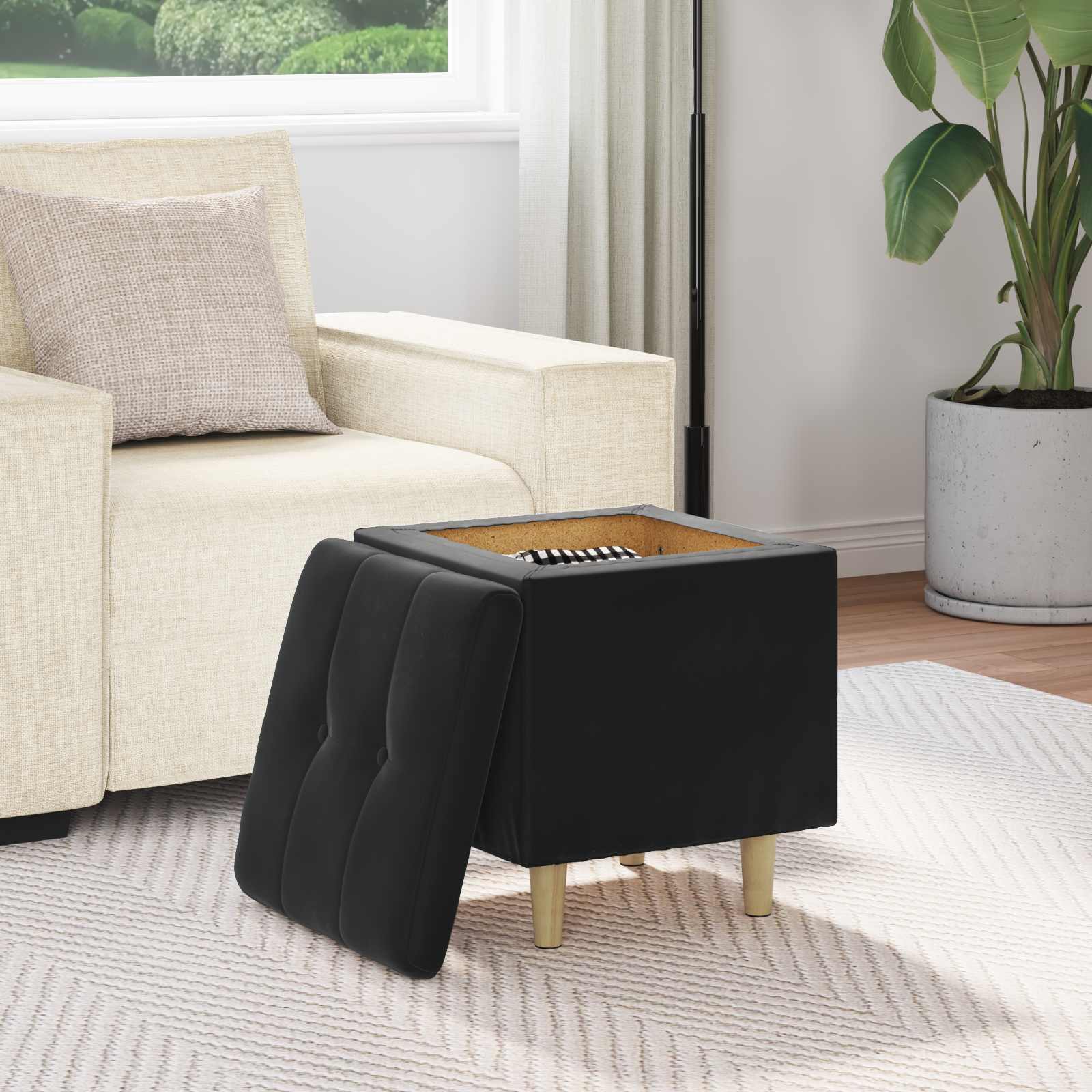 Pouf de rangement avec coussin Noir 40 x 40 x 45 cm Velours - XIOS