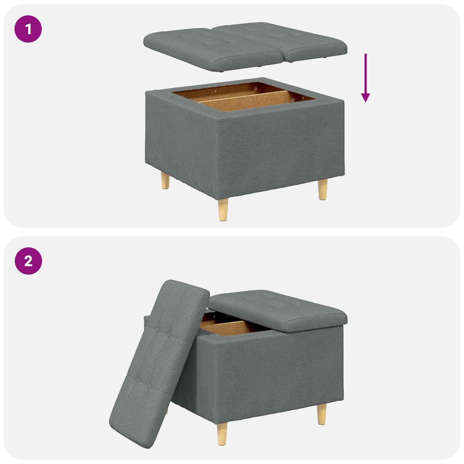 Pouf de rangement avec coussin Gris foncé 60 x 60 x 45 cm tissu - XIOS