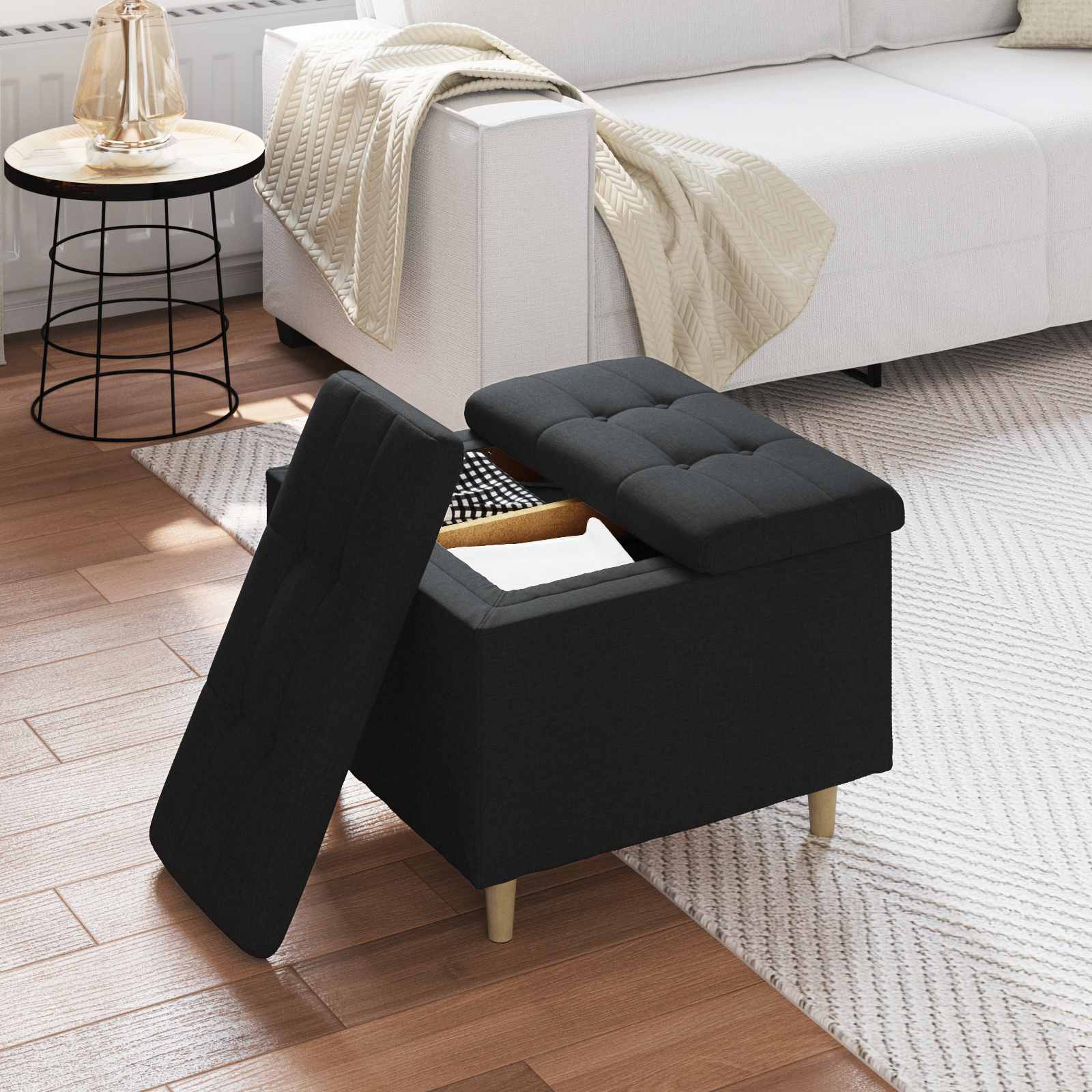 Pouf de rangement avec coussin Noir 60 x 60 x 45 cm tissu - XIOS