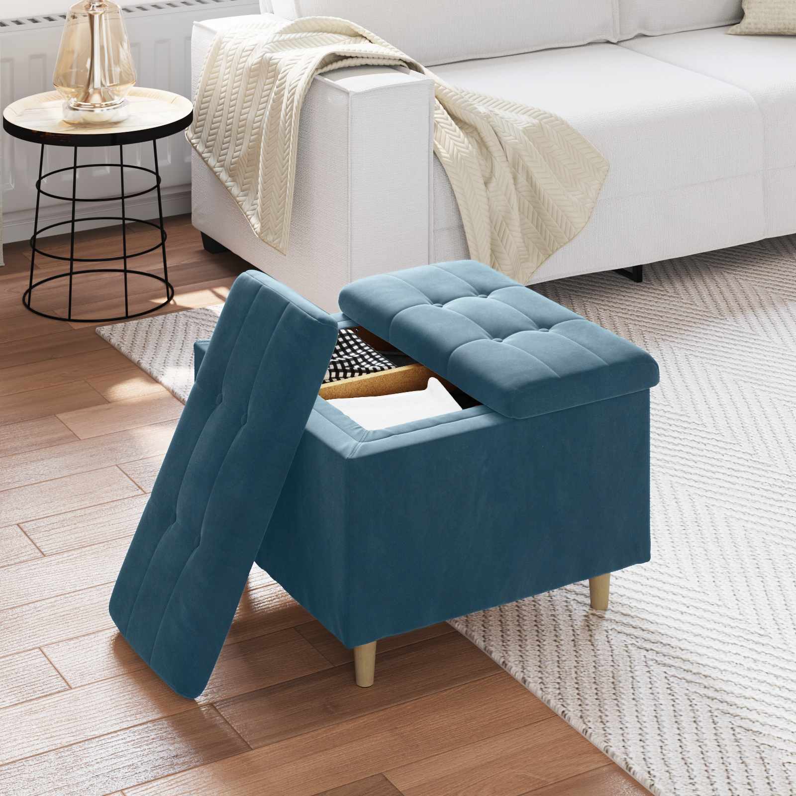 Pouf de rangement avec coussin Bleu 60 x 60 x 45 cm Velours - XIOS