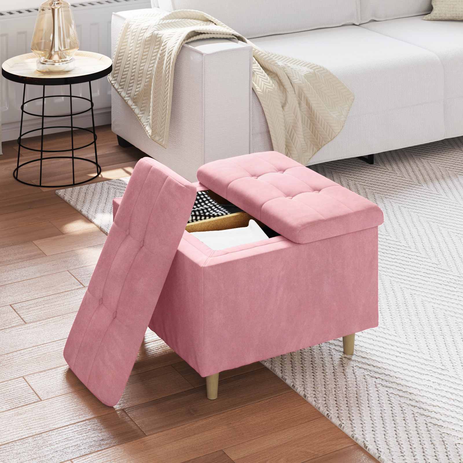 Pouf de rangement avec coussin Rose 60 x 60 x 45 cm Velours - XIOS