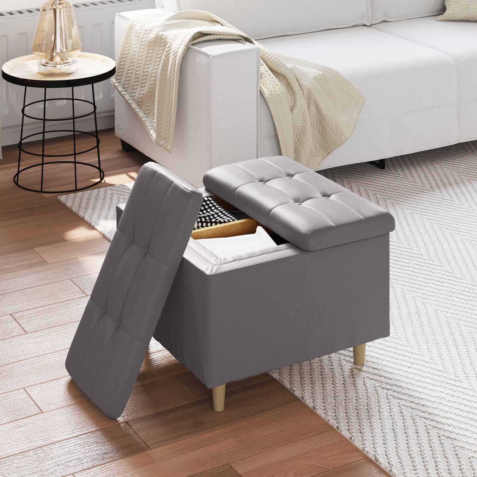 Pouf de rangement avec coussin Gris 60 x 60 x 45 cm Simili cuir - XIOS