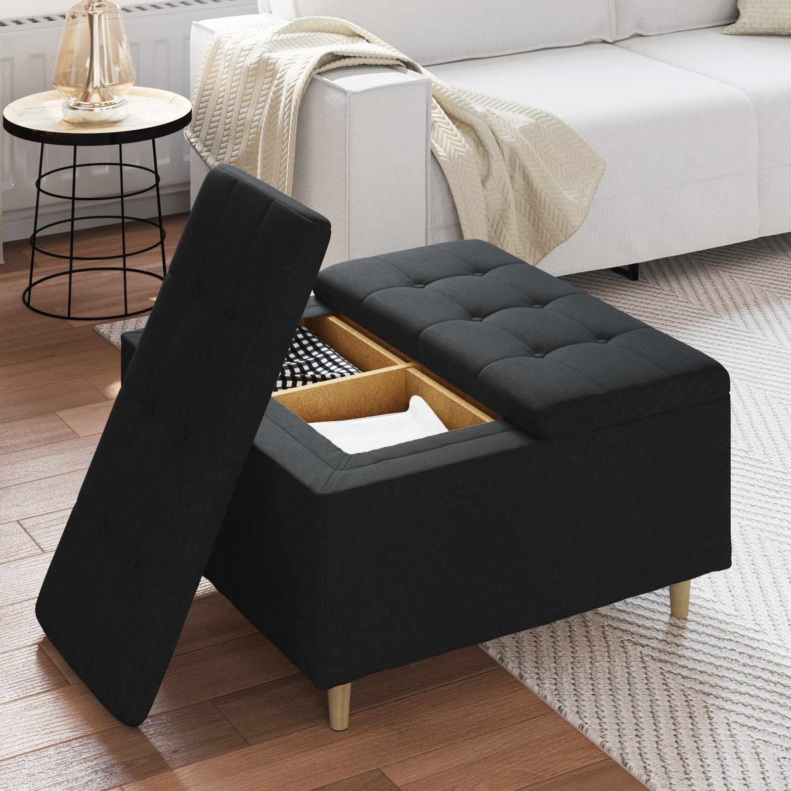 Tabouret bouton avec coussin Noir 80 x 80 x 45 cm tissu - XIOS