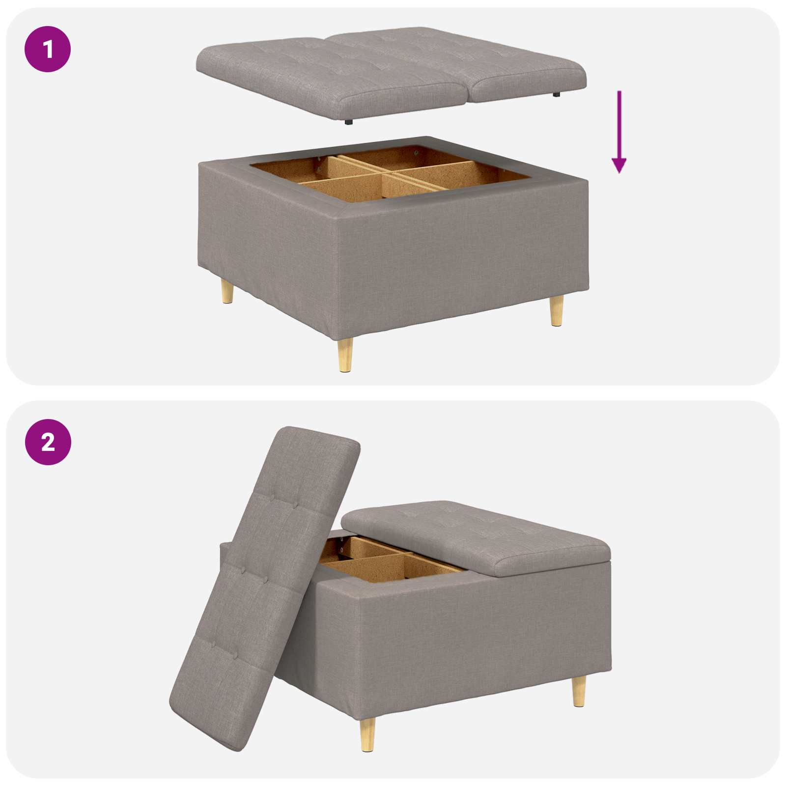 Pouf de rangement avec coussin Taupe 80 x 80 x 45 cm tissu - XIOS