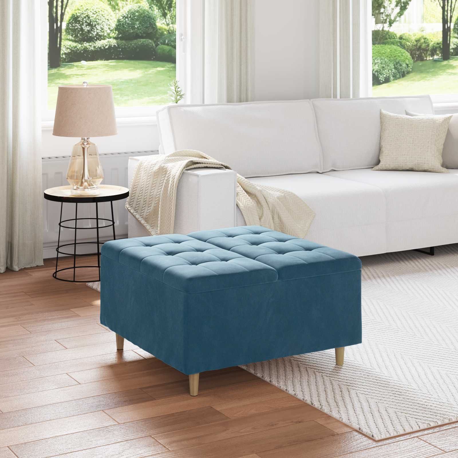Tabouret bouton avec coussin Bleu 80 x 80 x 45 cm Velours - XIOS
