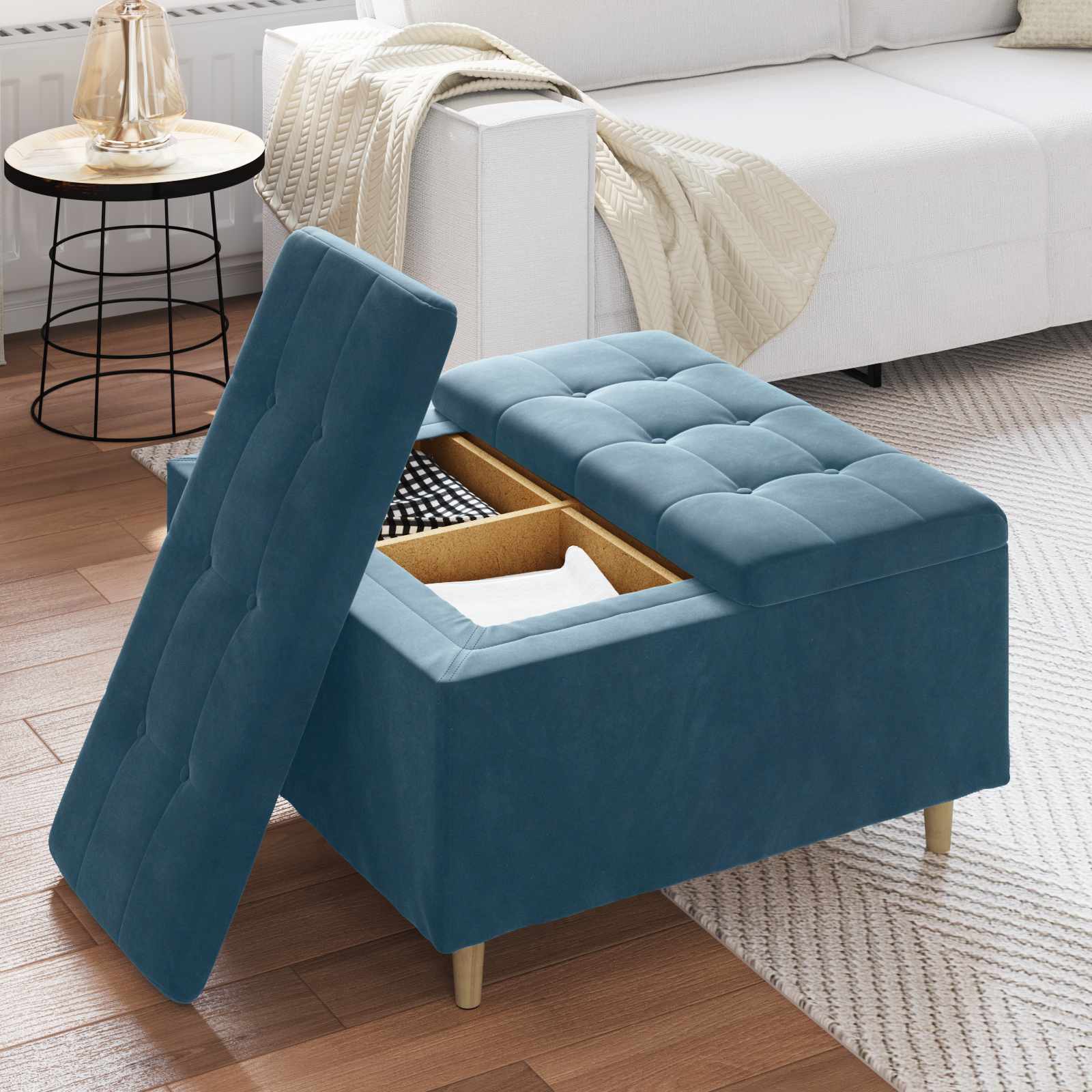Tabouret bouton avec coussin Bleu 80 x 80 x 45 cm Velours - XIOS