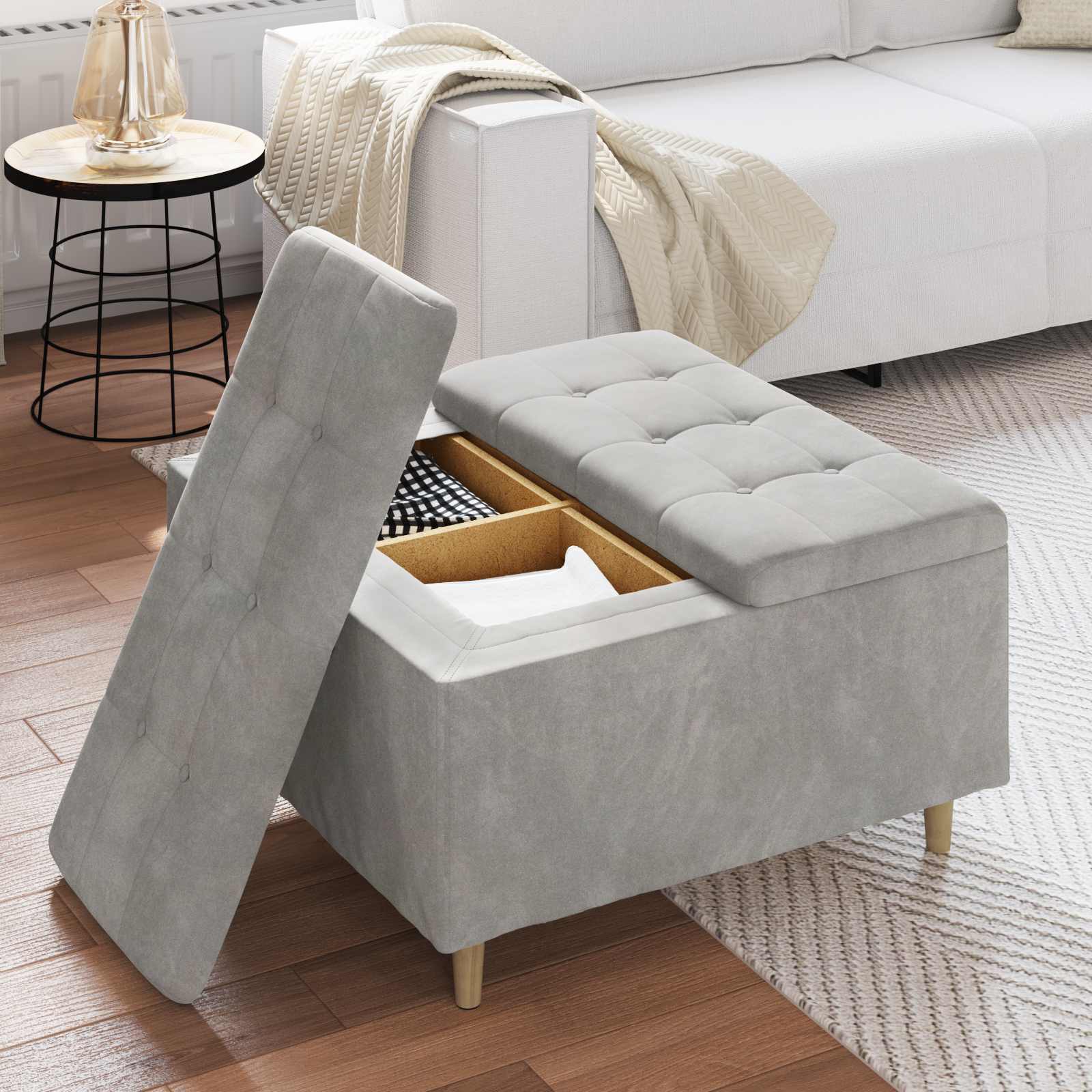 Tabouret bouton avec coussin Gris clair 80 x 80 x 45 cm Velours - XIOS