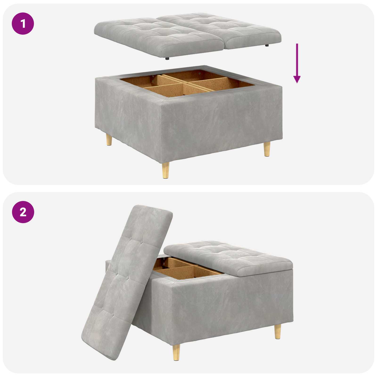 Tabouret bouton avec coussin Gris clair 80 x 80 x 45 cm Velours - XIOS