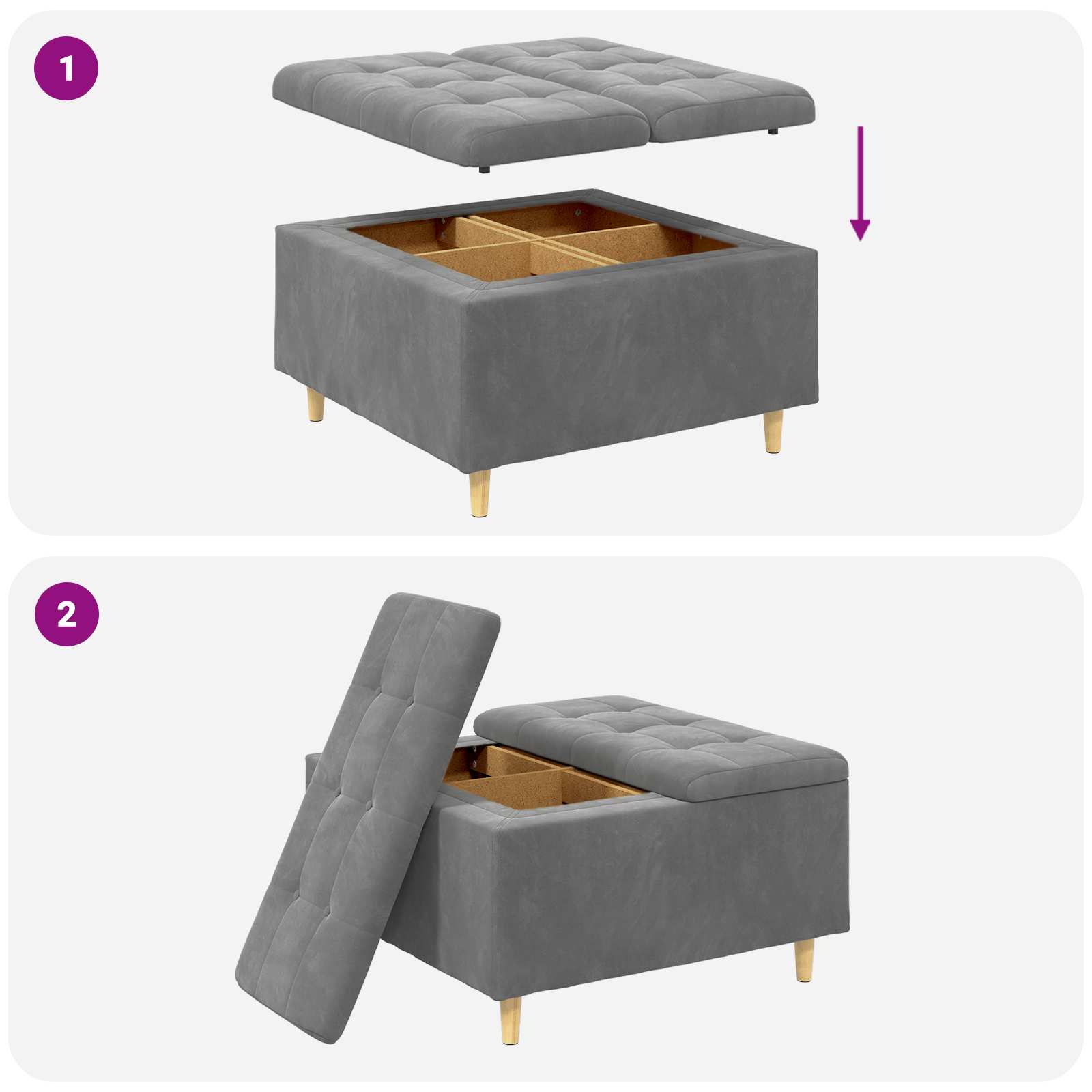Tabouret bouton avec coussin Gris foncé 80 x 80 x 45 cm Velours - XIOS