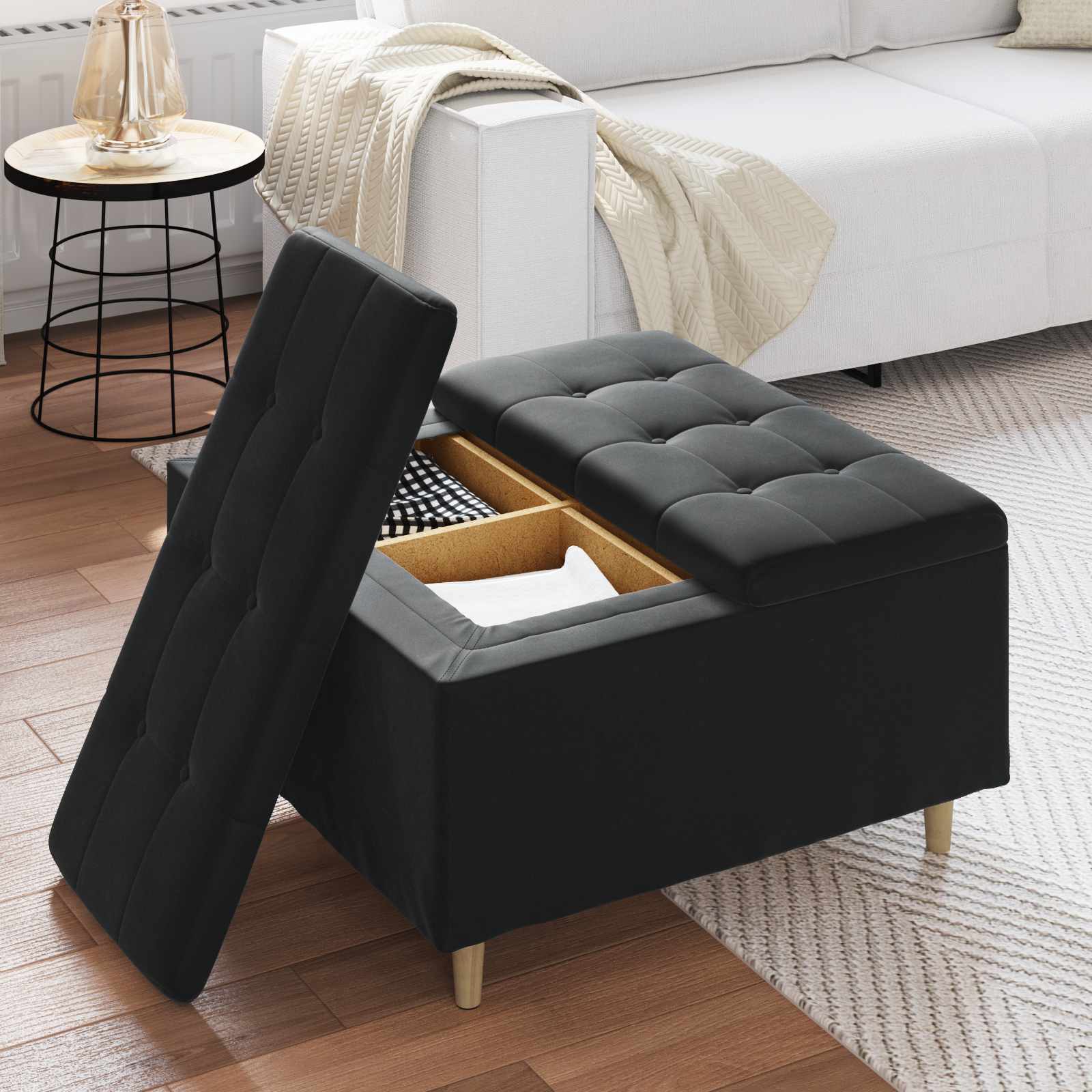 Tabouret bouton avec coussin Noir 80 x 80 x 45 cm Velours - XIOS