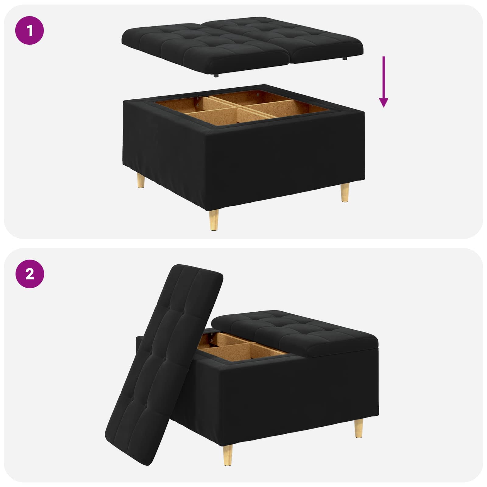 Tabouret bouton avec coussin Noir 80 x 80 x 45 cm Velours - XIOS