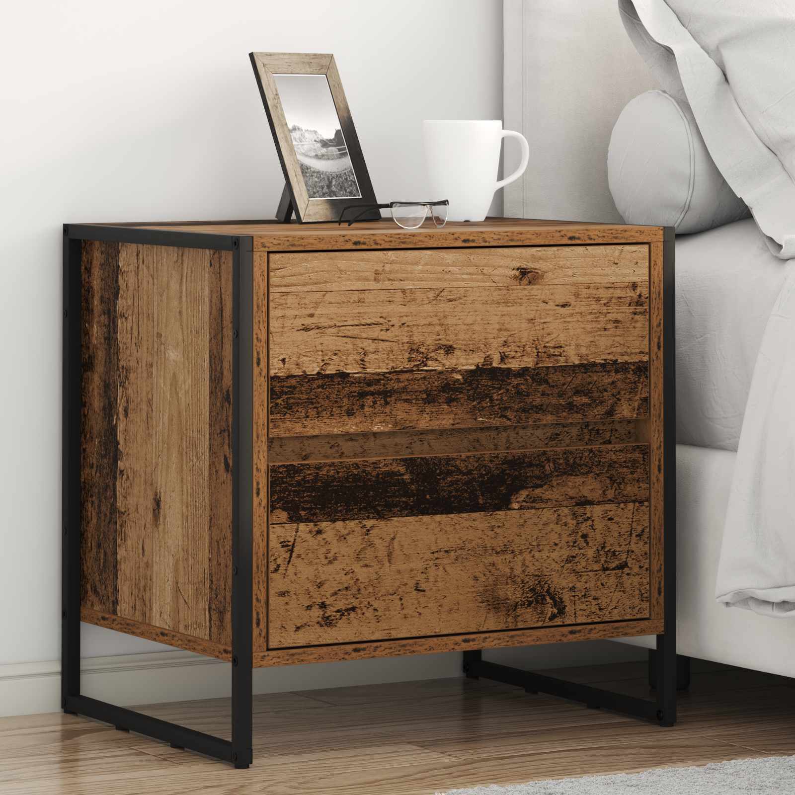 Table de chevet avec tiroir 2 pcs Bois Ancien 50 x 39,5 x 50 cm - XIOS