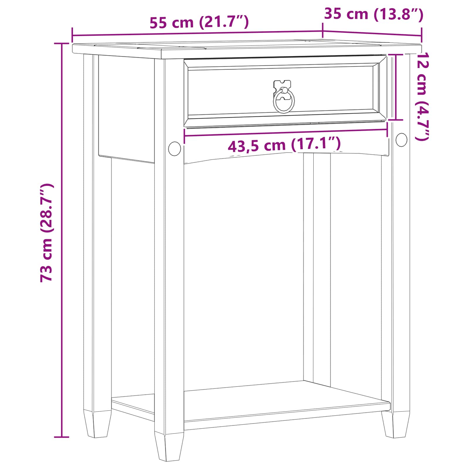 Table console avec tiroir Blanc 55 x 35 x 73 cm Pin massif - XIOS