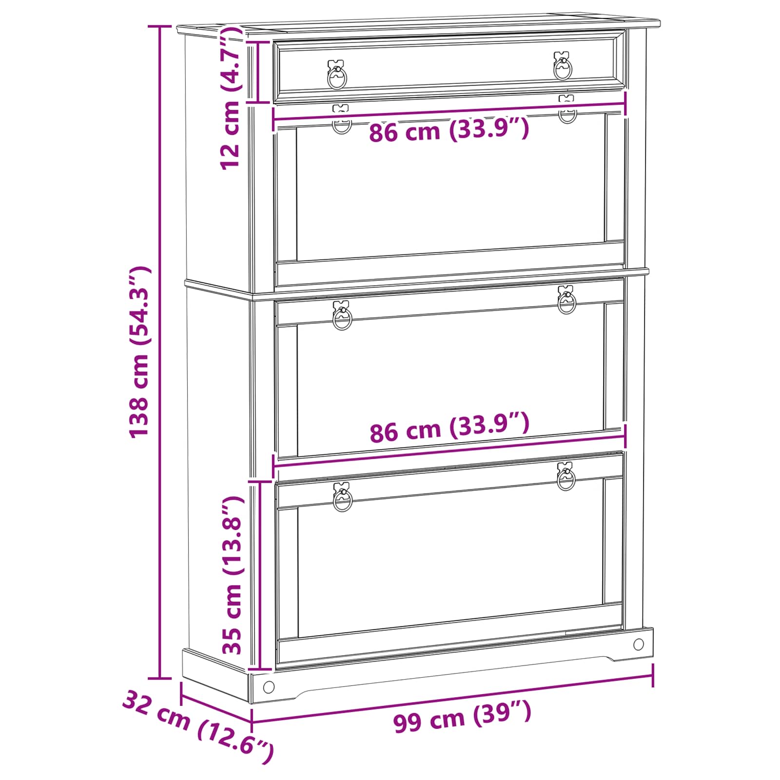 Cabinet à chaussures Corona Blanc 99 x 32 x 138 cm Pin massif - XIOS