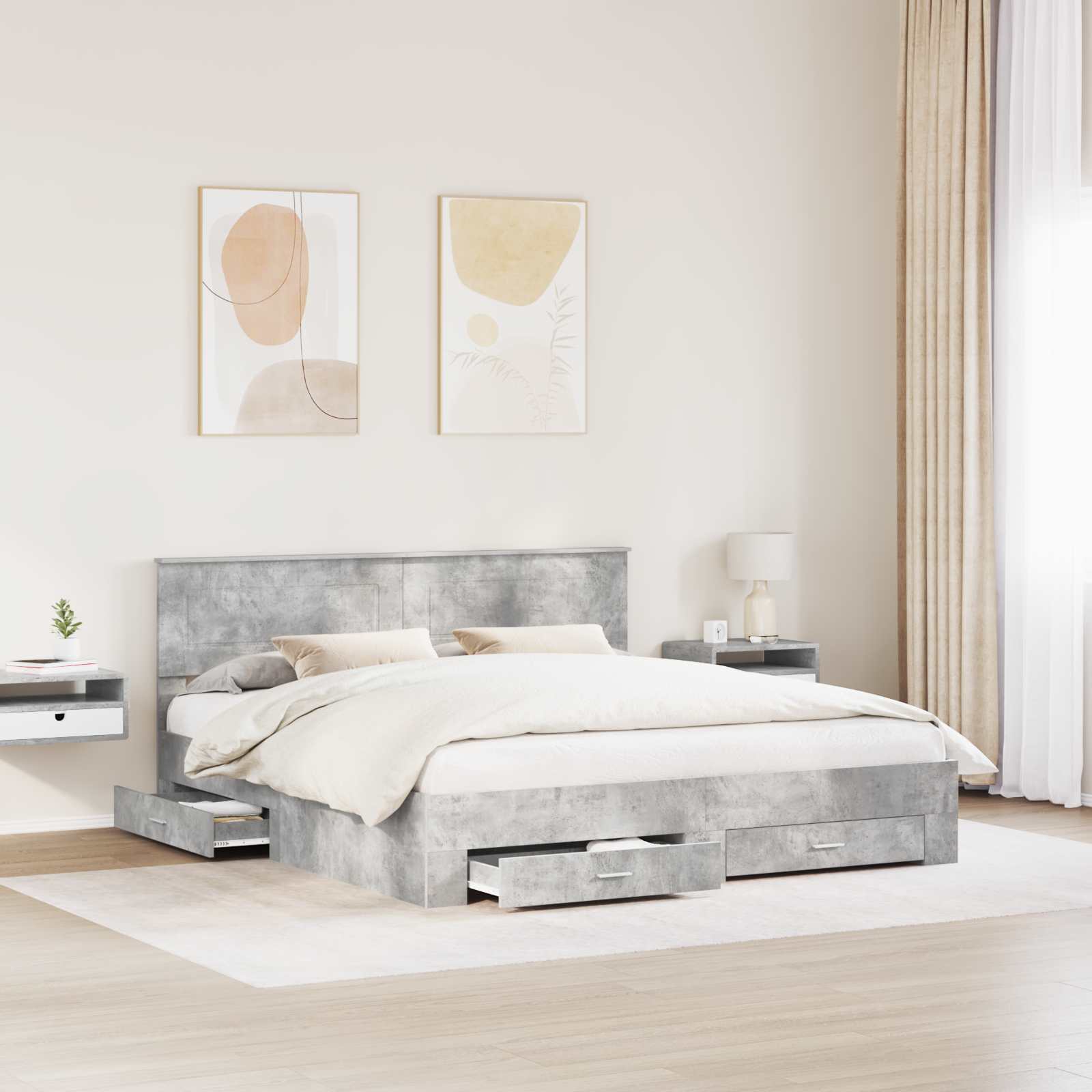 Cadre de lit Gris béton 200 x 200 cm Bois d'ingénierie - XIOS