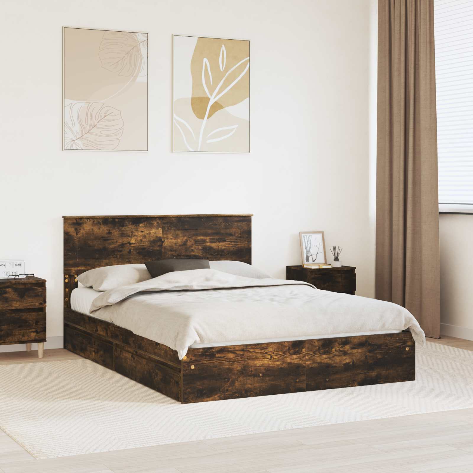 Lit de Rangement Chêne fumé 160 x 200 cm Bois d'ingénierie