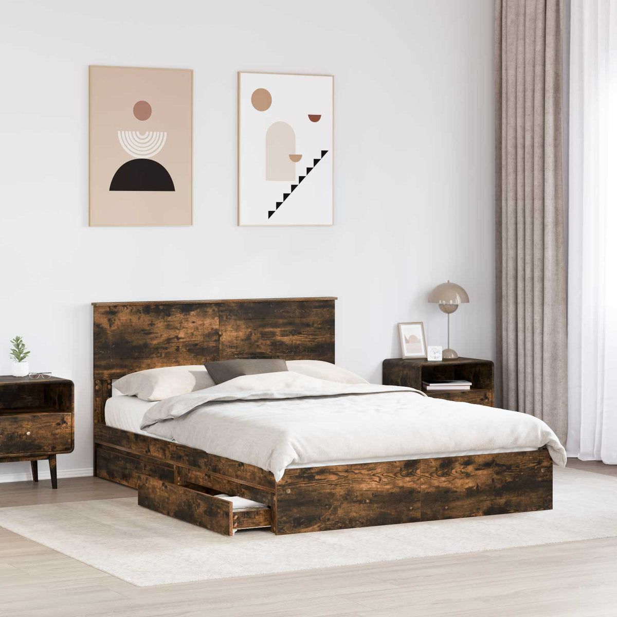 Lit de Rangement Chêne fumé 160 x 200 cm Bois d'ingénierie