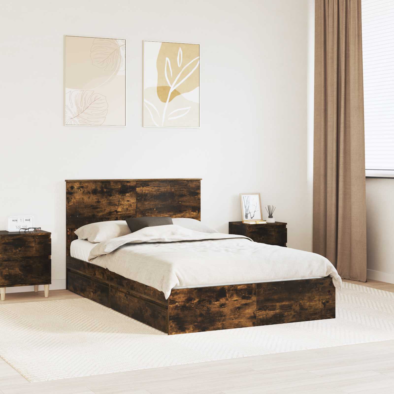 Lit de Rangement Chêne fumé 135 x 190 cm Bois d'ingénierie - XIOS