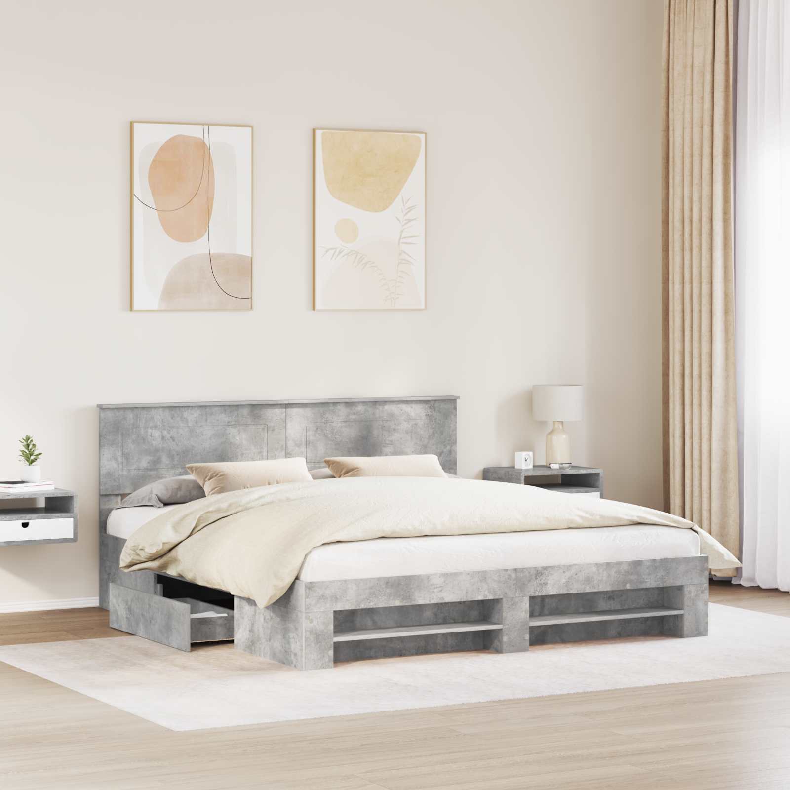 Cadre de lit Gris béton 200 x 200 cm Bois d'ingénierie - XIOS