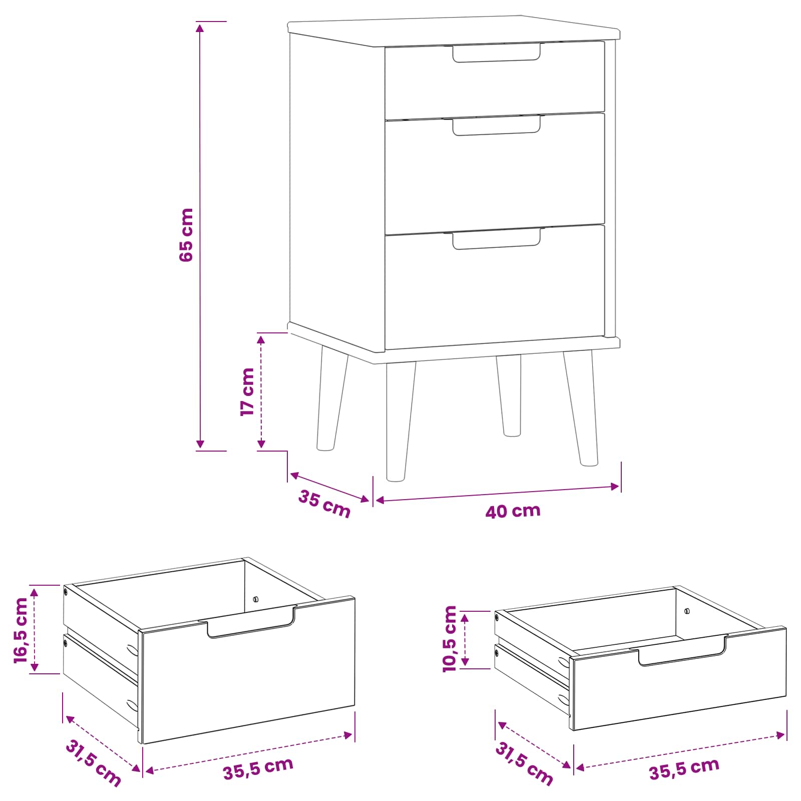 Cabinet de chevet avec tiroir Noir 40 x 35 x 65 cm Pin massif - XIOS