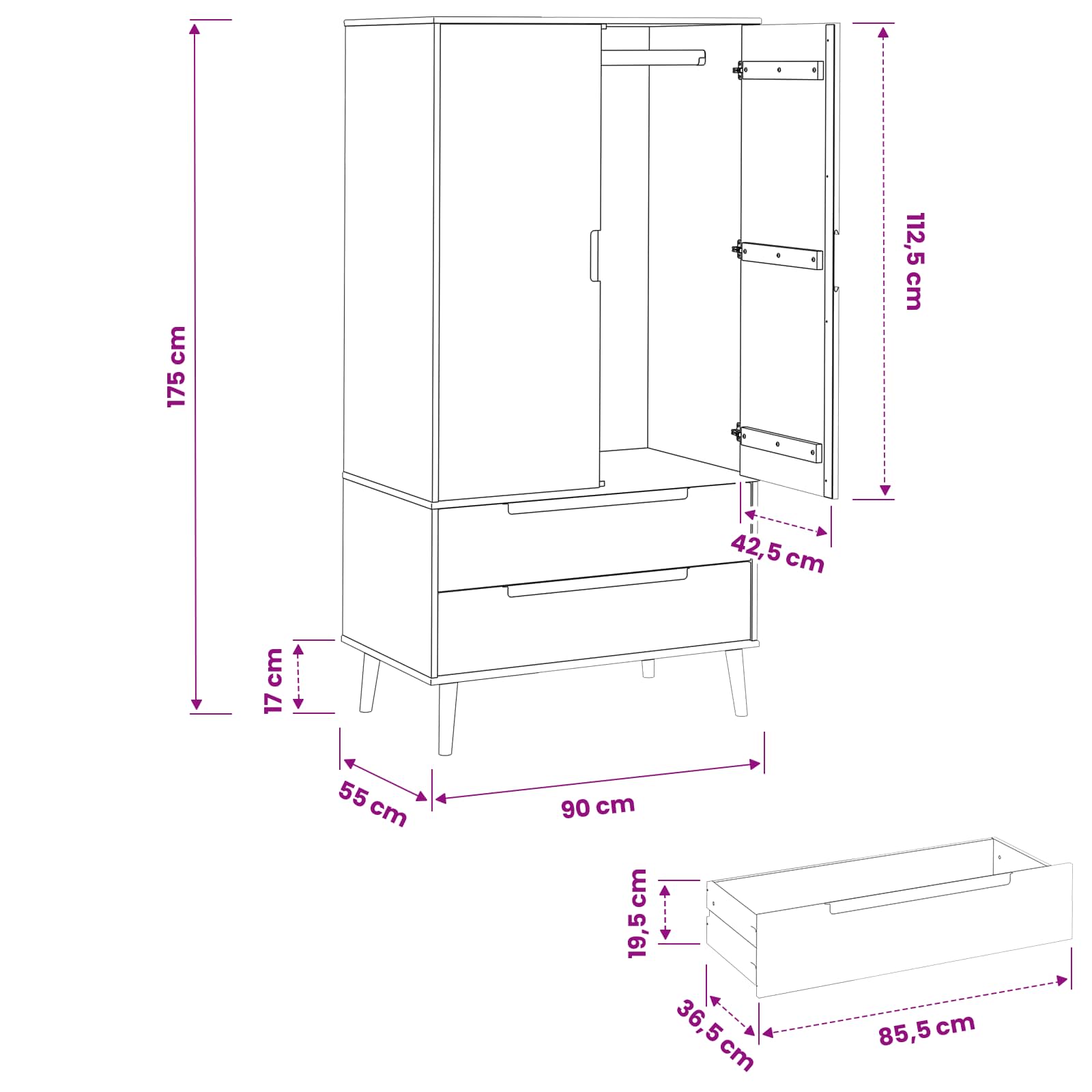 Armoire MOLDE Noir 90 x 55 x 175 cm Bois de pin massif - XIOS