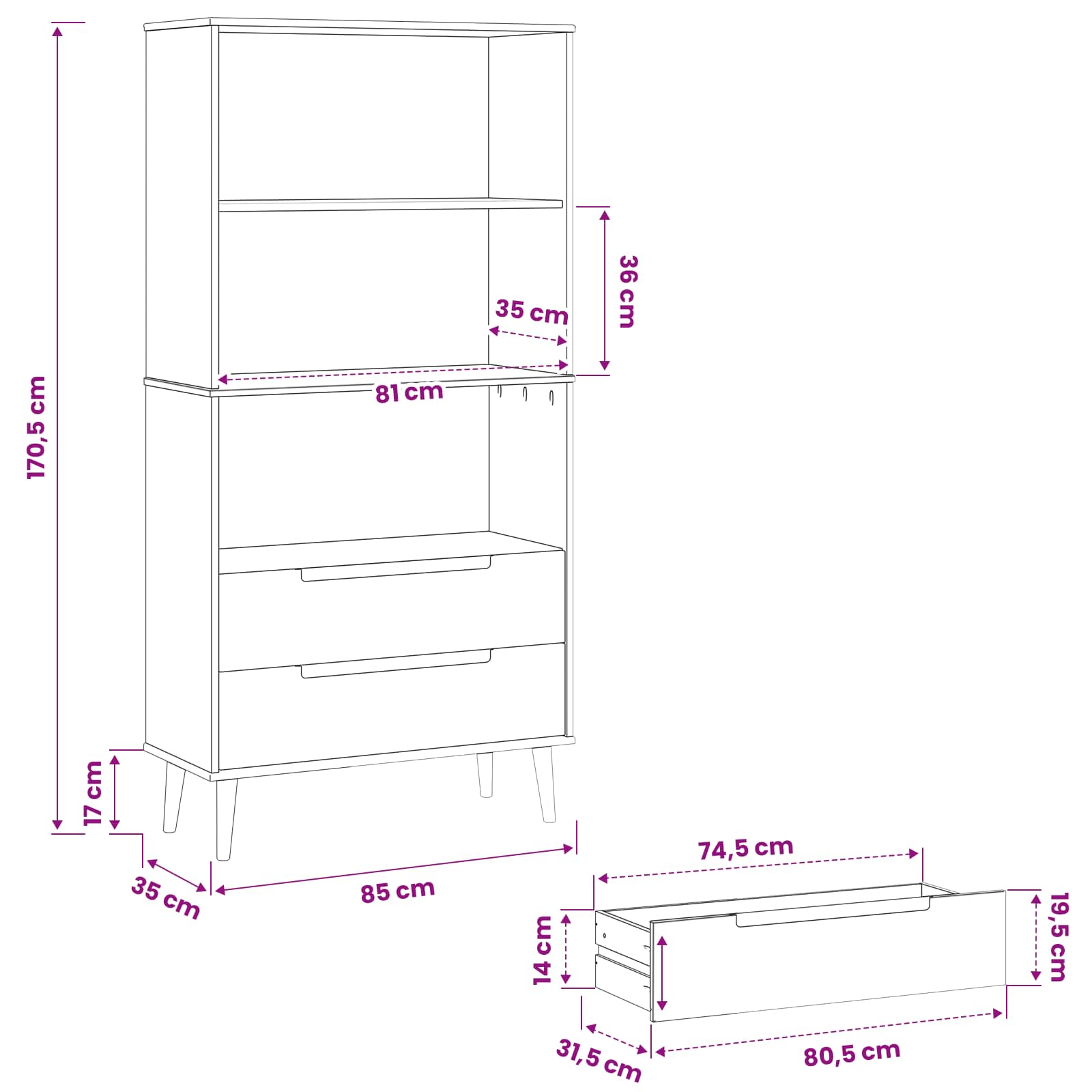 Bibliothèque MOLDE 85 x 35 x 170,5 cm Bois de pin massif - XIOS