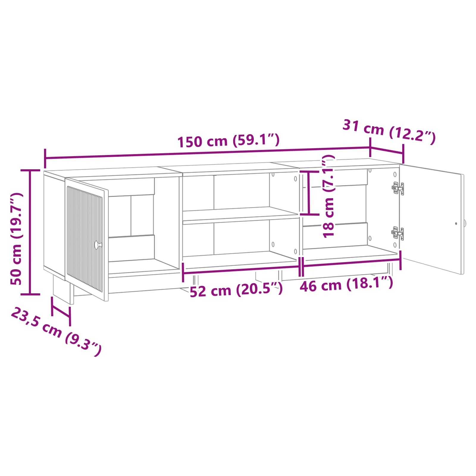 Meuble TV Gris Béton 150 x 31 x 50 cm Bois d’ingénierie - XIOS
