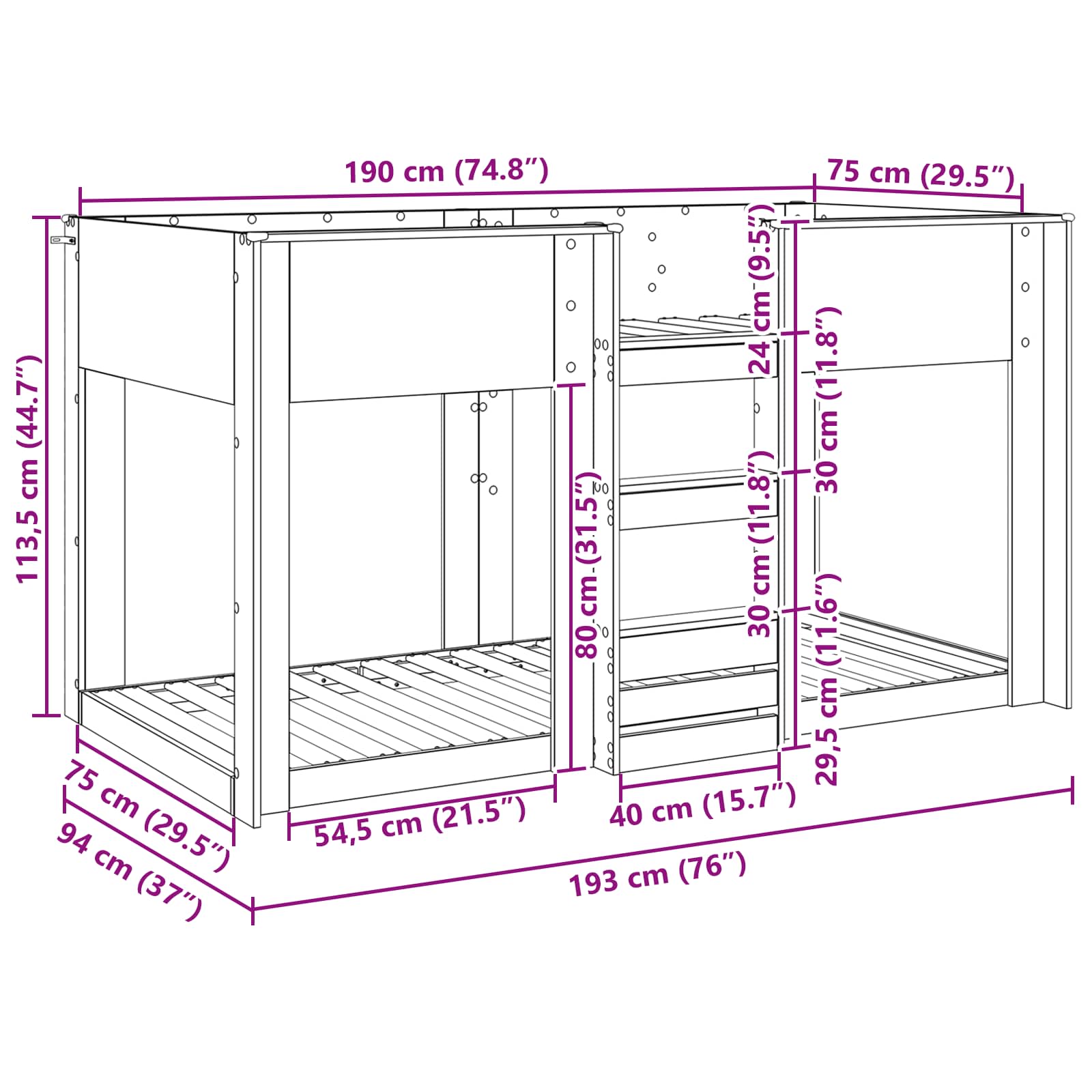 Lit Superposé pour Enfants Bois ancien 75 x 190 cm - XIOS