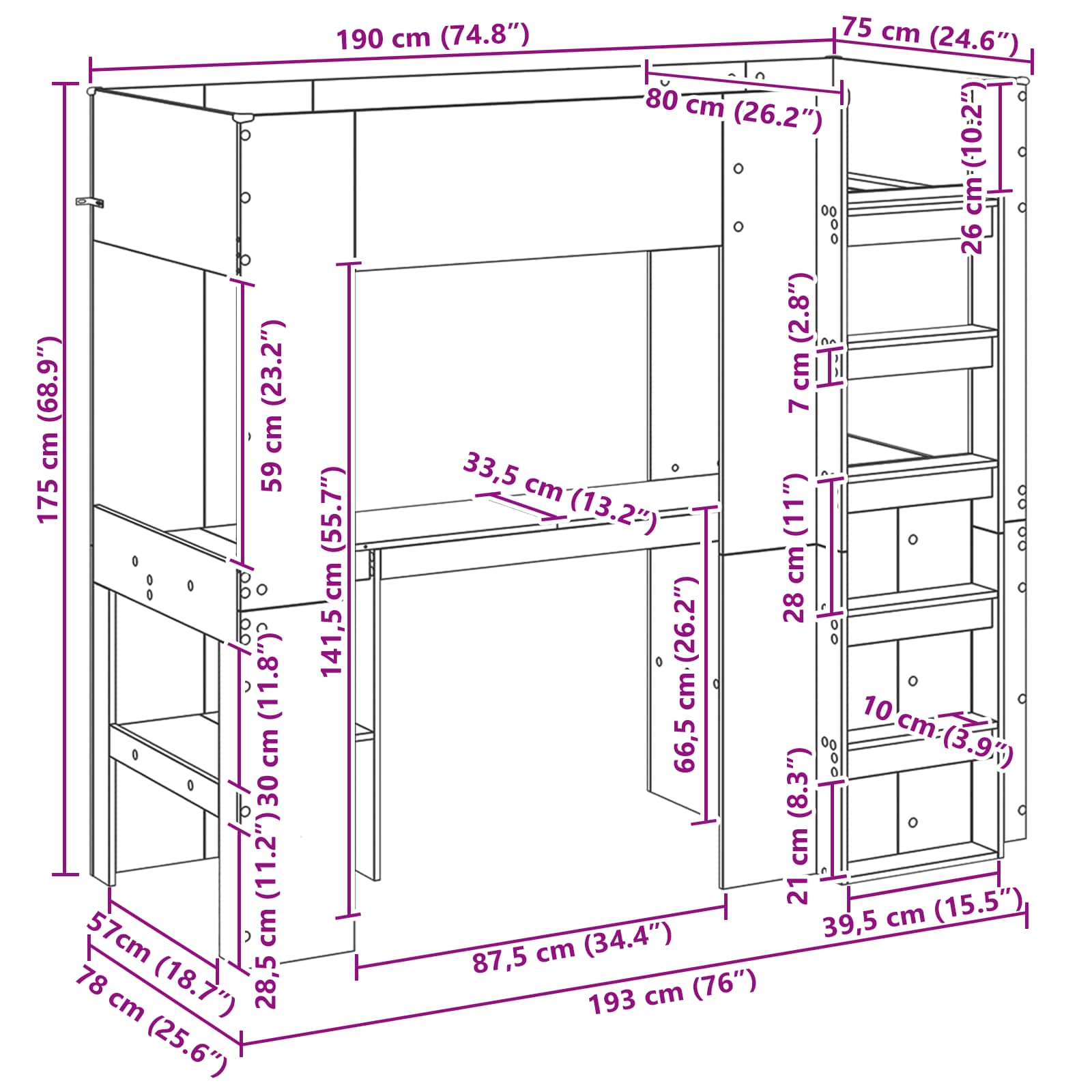 Cadre de lit superposé avec bureau Gris béton 75 x 190 cm - XIOS
