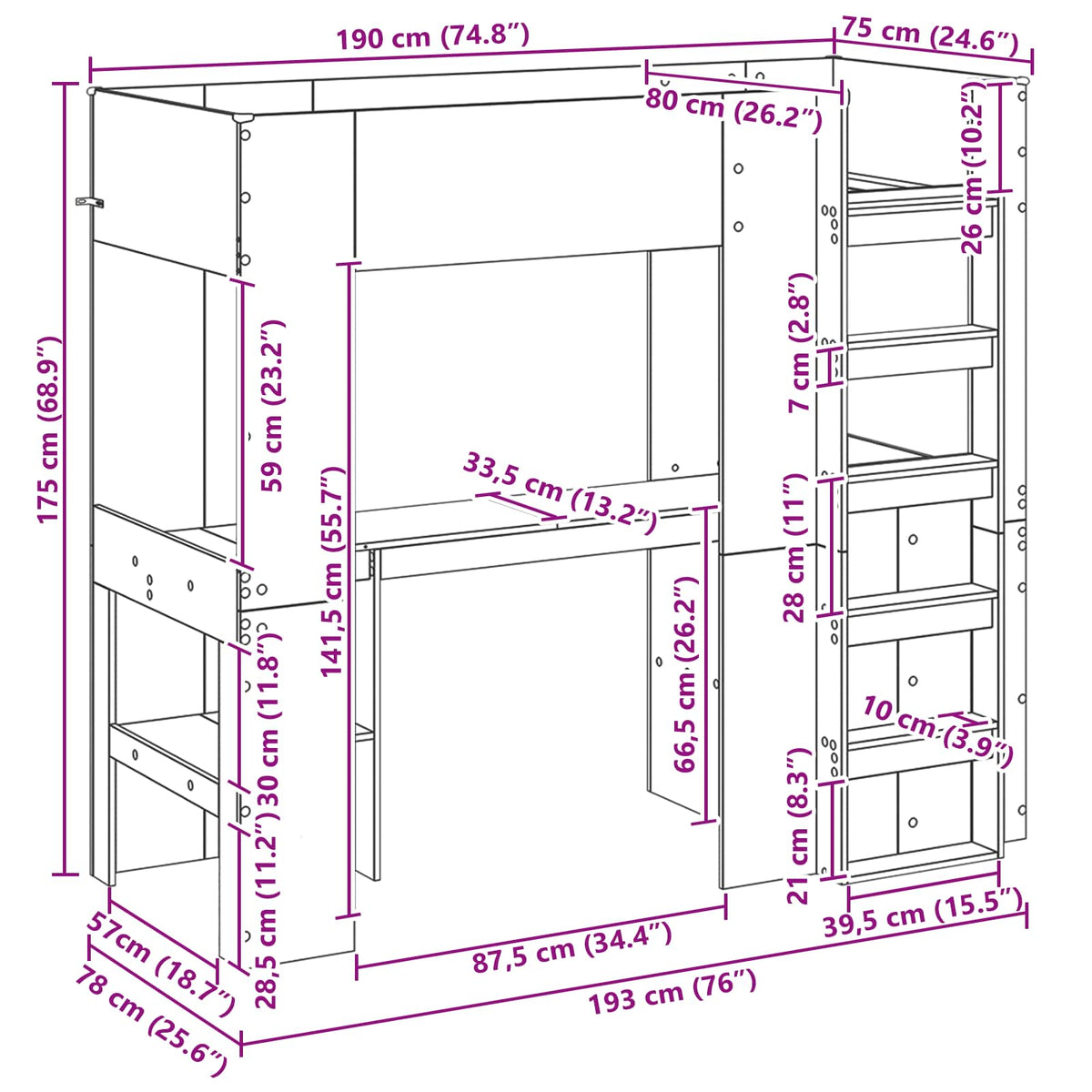 Cadre de lit superposé avec bureau Chêne artisanal 75 x 190 cm