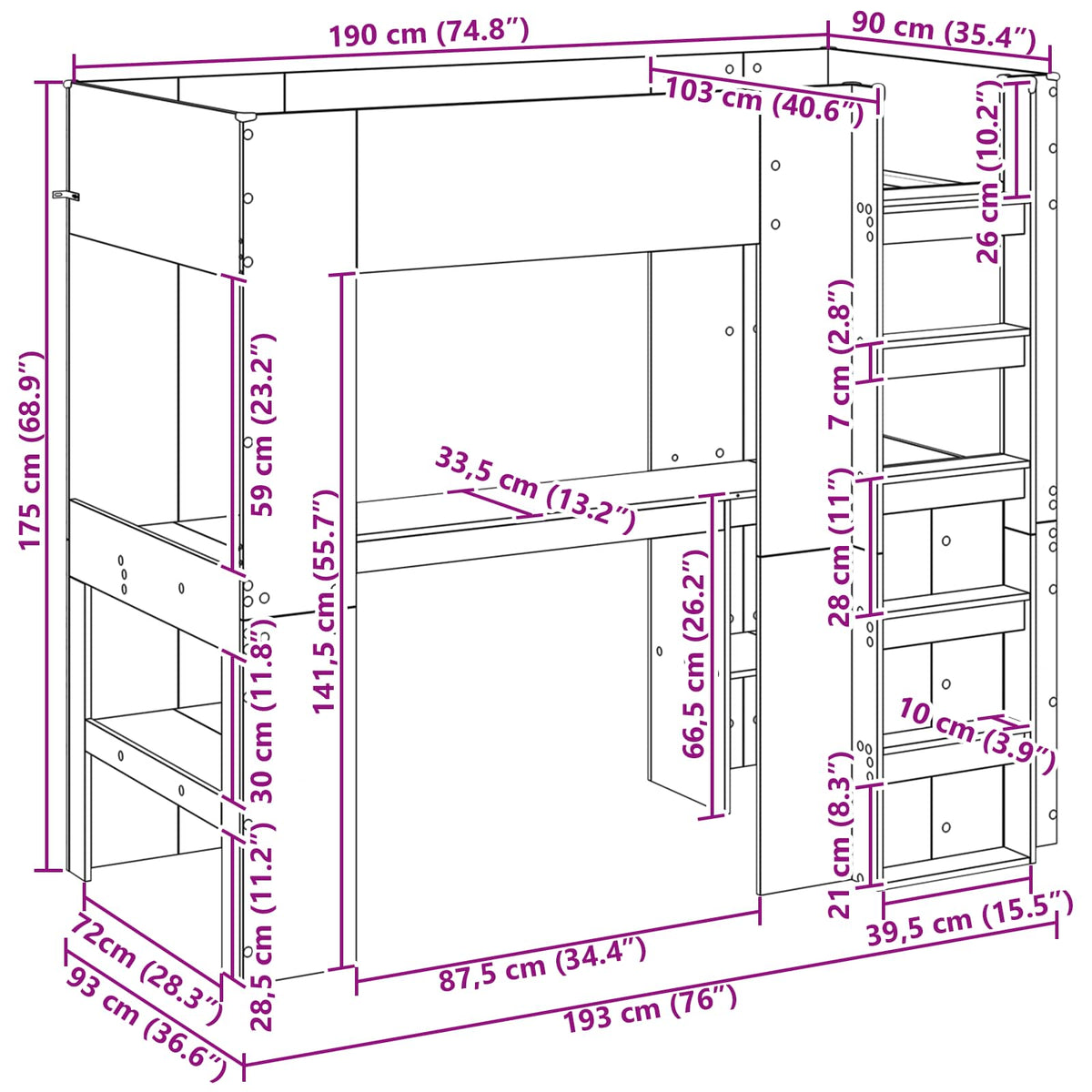 Cadre de lit superposé avec bureau Chêne Sonoma 90 x 190 cm