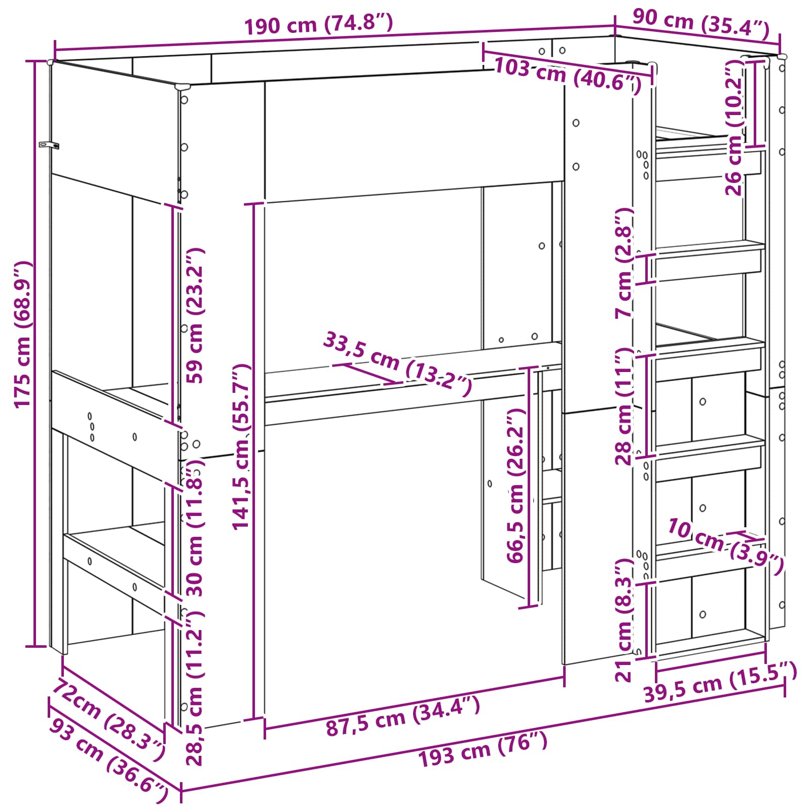 Cadre de lit superposé avec bureau Chêne fumé 90 x 190 cm - XIOS