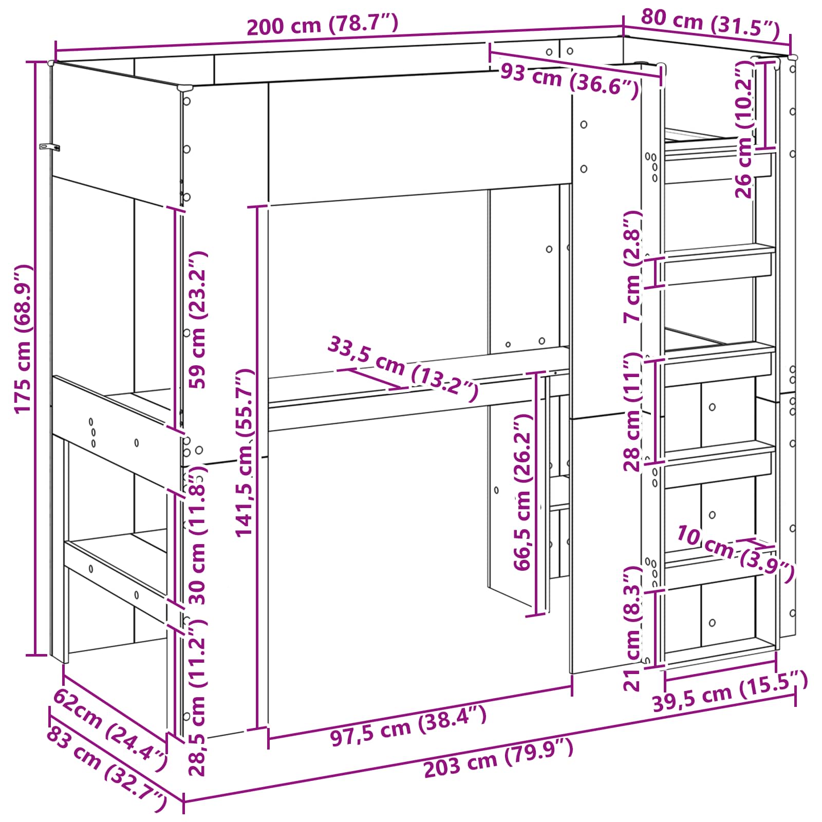 Cadre de lit superposé avec bureau Gris Sonoma 80 x 200 cm - XIOS