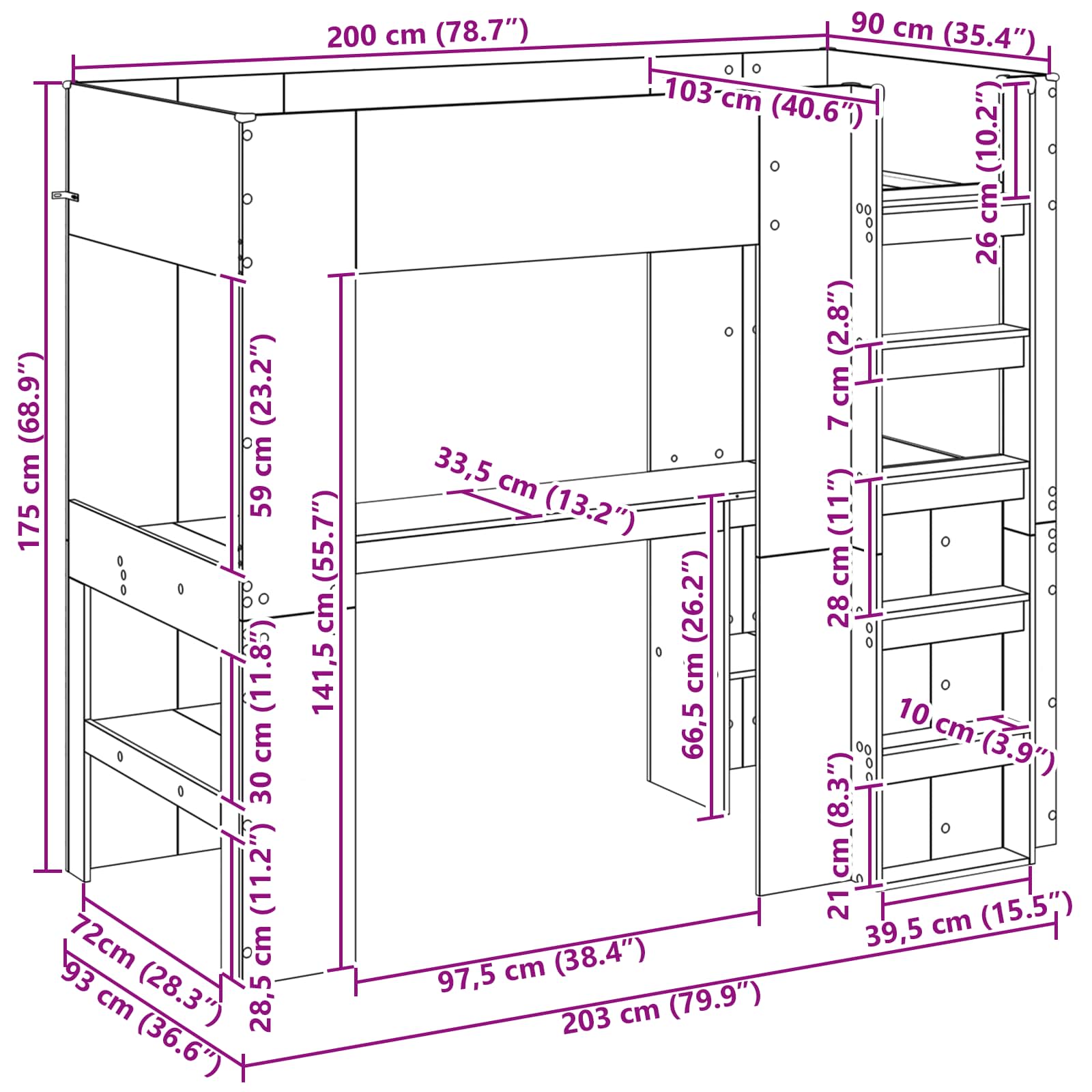 Cadre de lit superposé avec bureau Chêne Sonoma 90 x 200 cm - XIOS